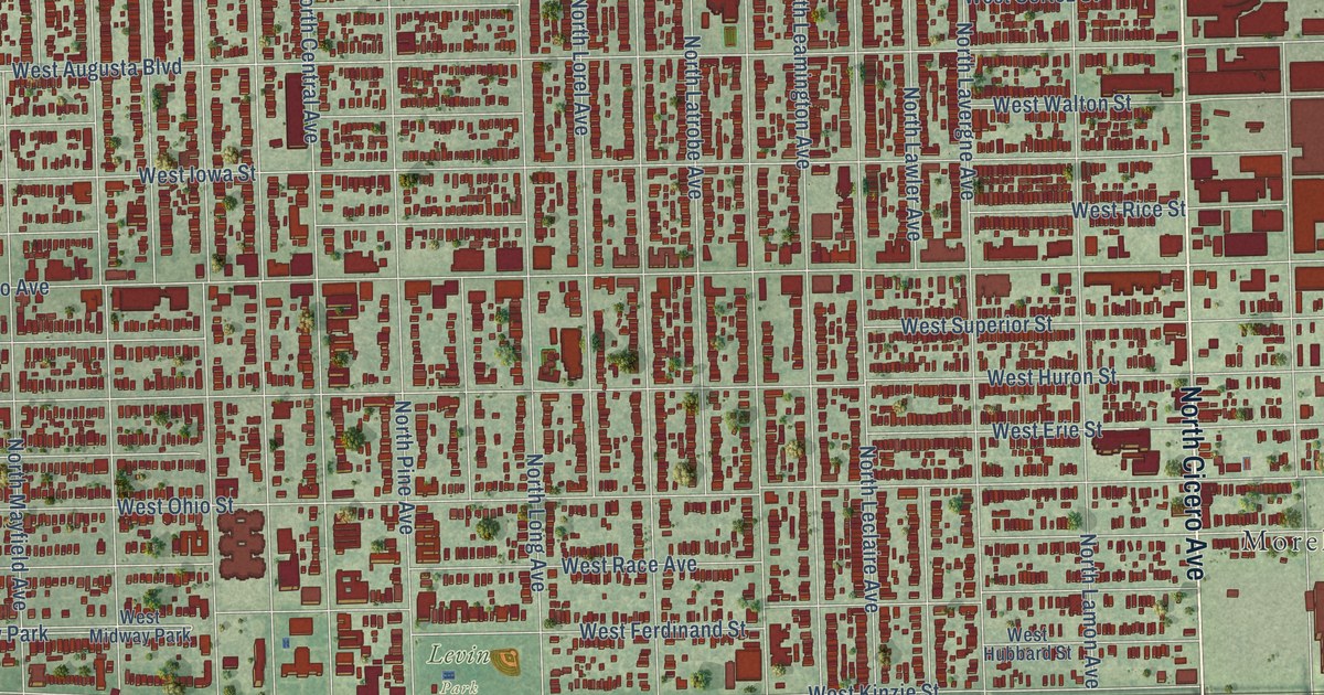 Close-up of streets and buildings in Austin, Illinois