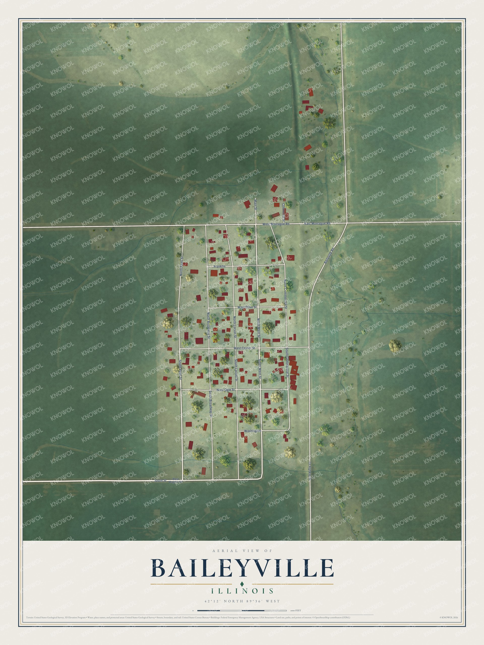 Full map of Baileyville, Illinois, with red buildings, printed street names and the land around them