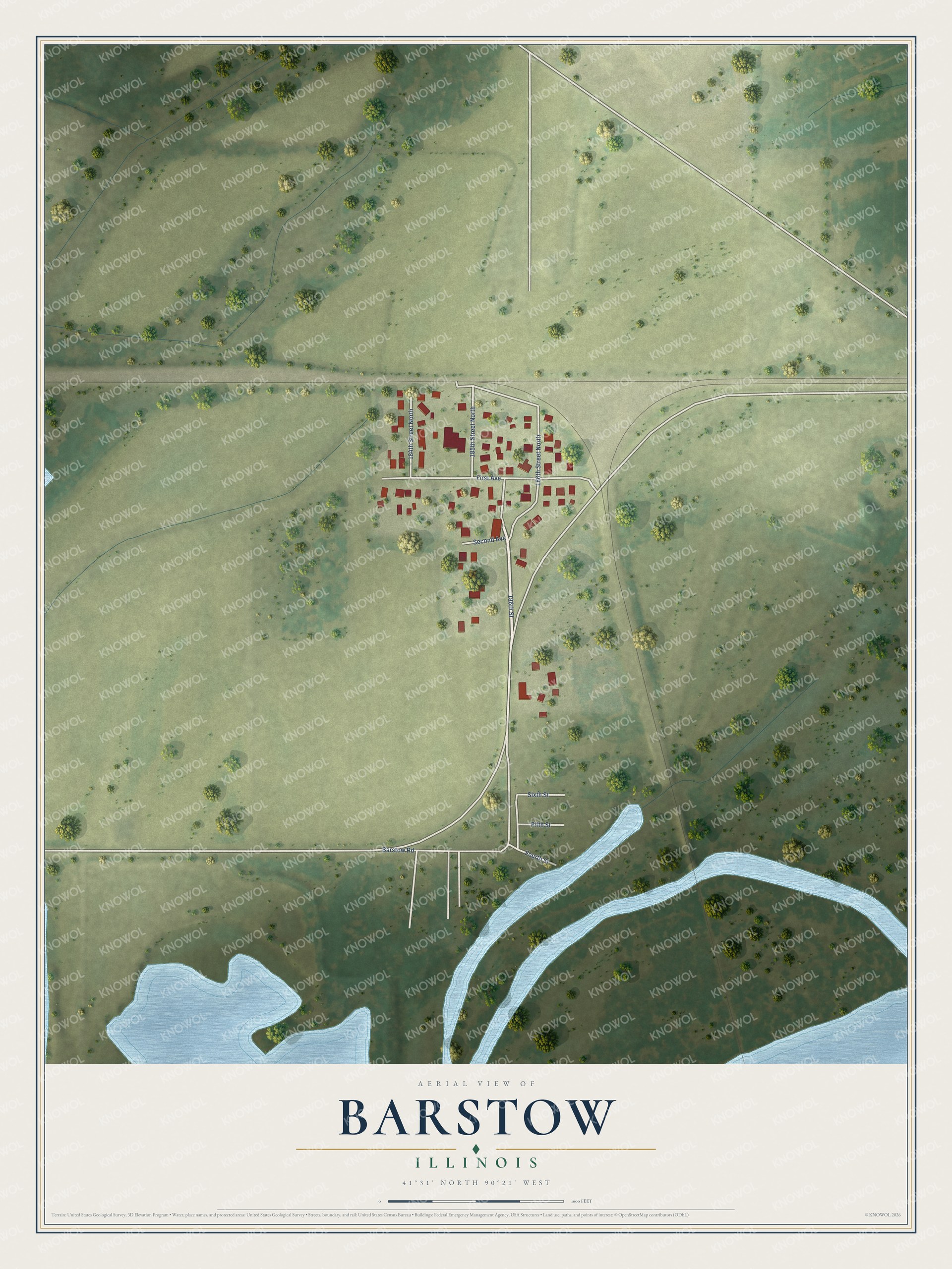 Full map of Barstow, Illinois, with red buildings, printed street names and the land around them