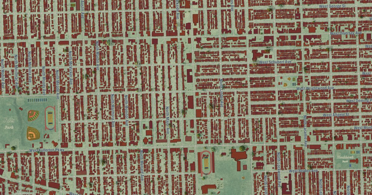 Close-up of streets and buildings in Belmont Cragin, Illinois
