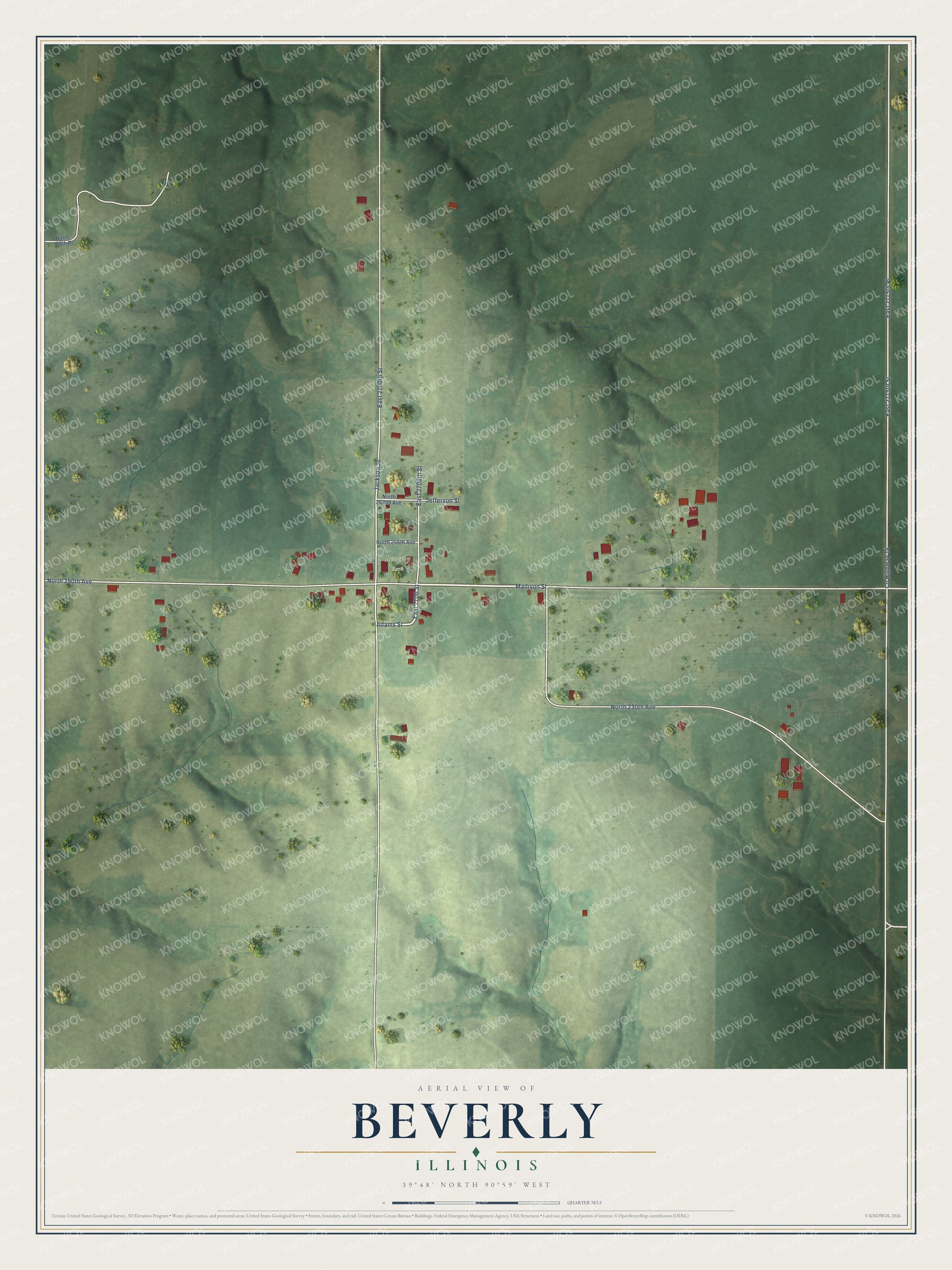 Full map of Beverly, Illinois, with red buildings, printed street names and the land around them