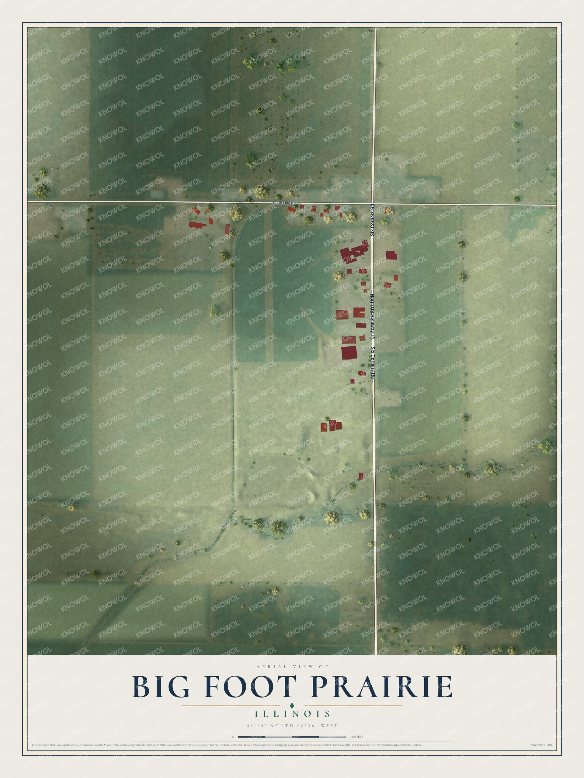 Full map of Big Foot Prairie, Illinois, with red buildings, printed street names and the land around them