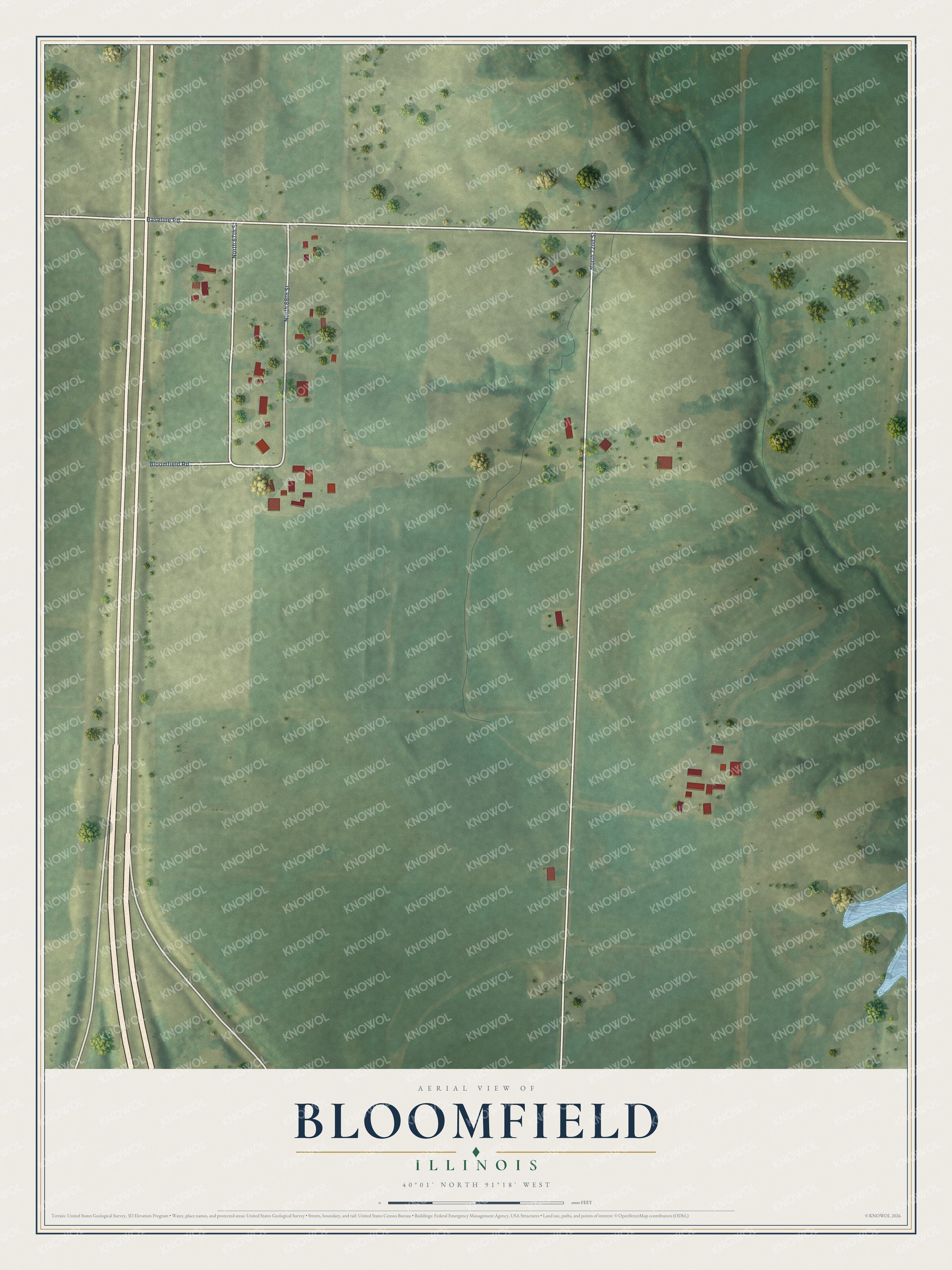 Full map of Bloomfield, Illinois, with red buildings, printed street names and the land around them
