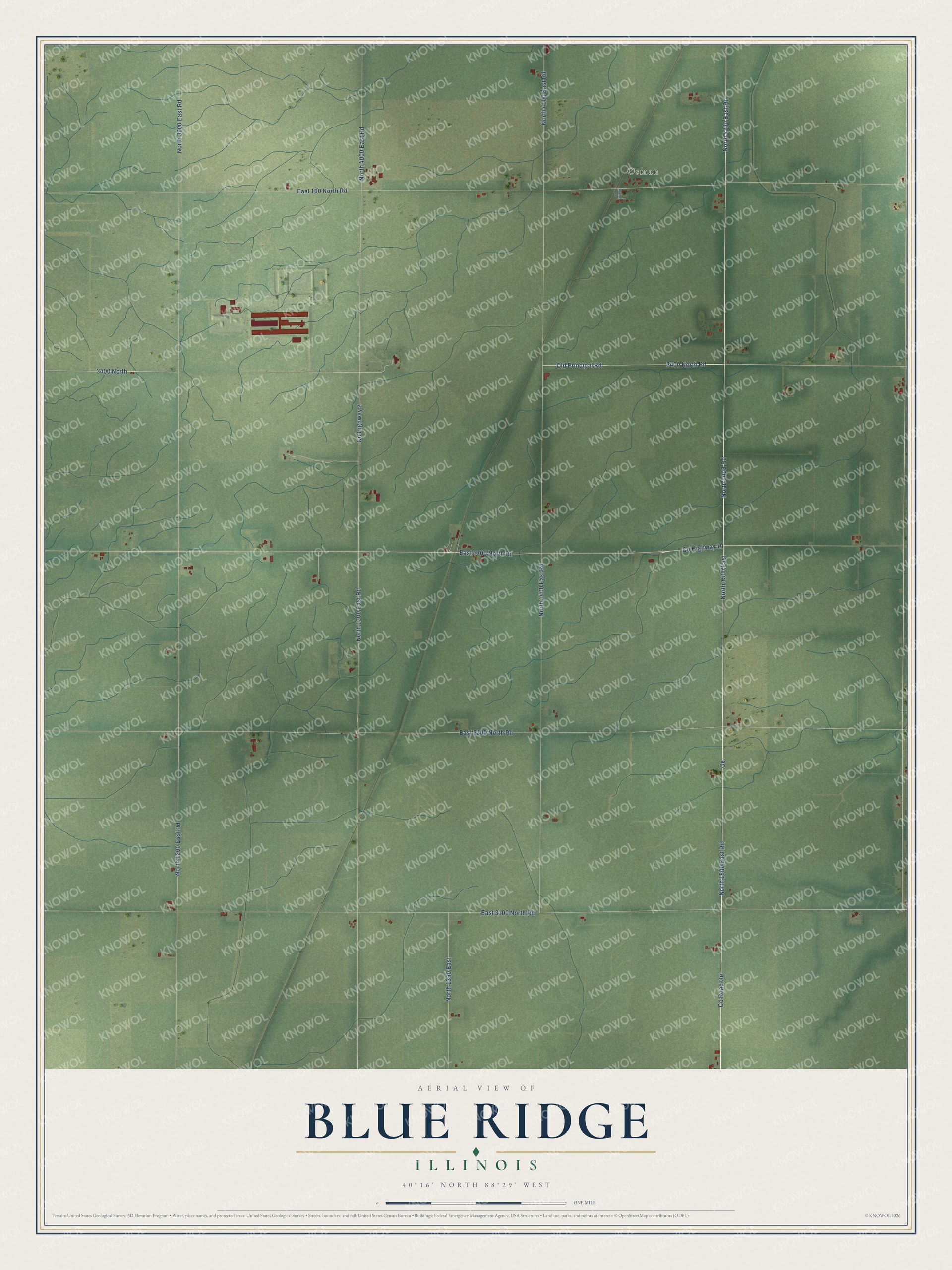 Full map of Blue Ridge, Illinois, with red buildings, printed street names and the land around them