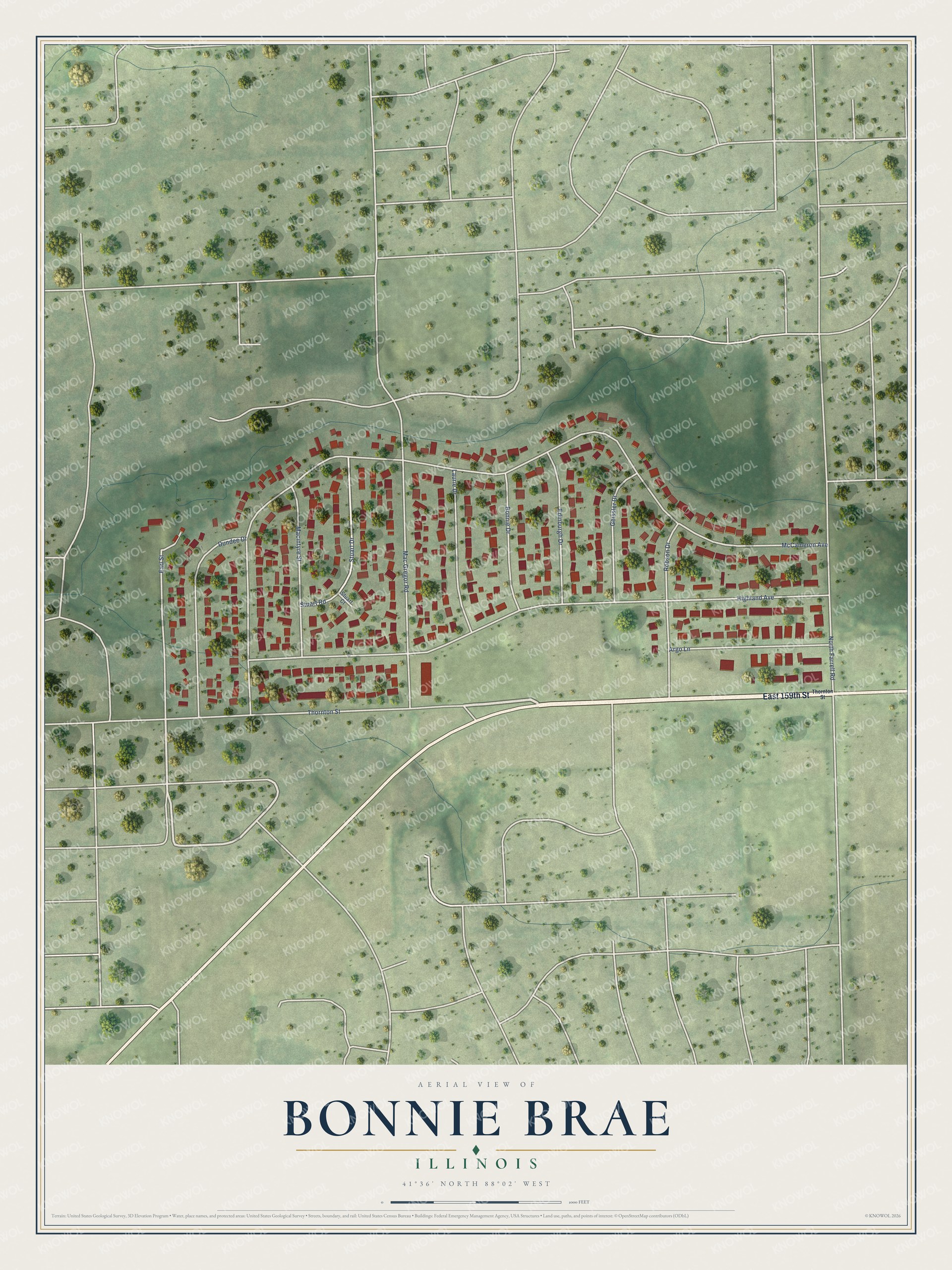 Full map of Bonnie Brae, Illinois, with red buildings, printed street names and the land around them
