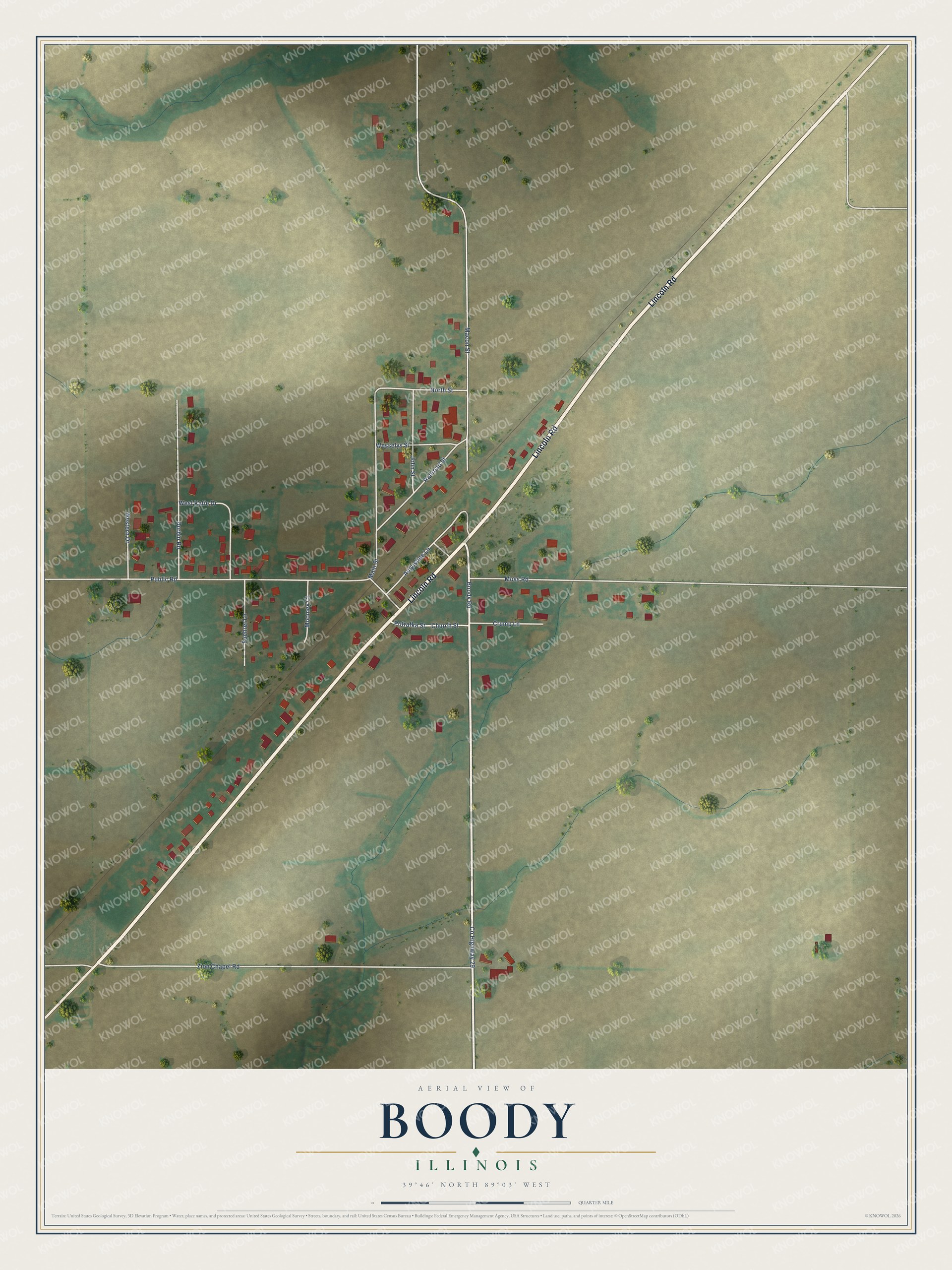 Full map of Boody, Illinois, with red buildings, printed street names and the land around them