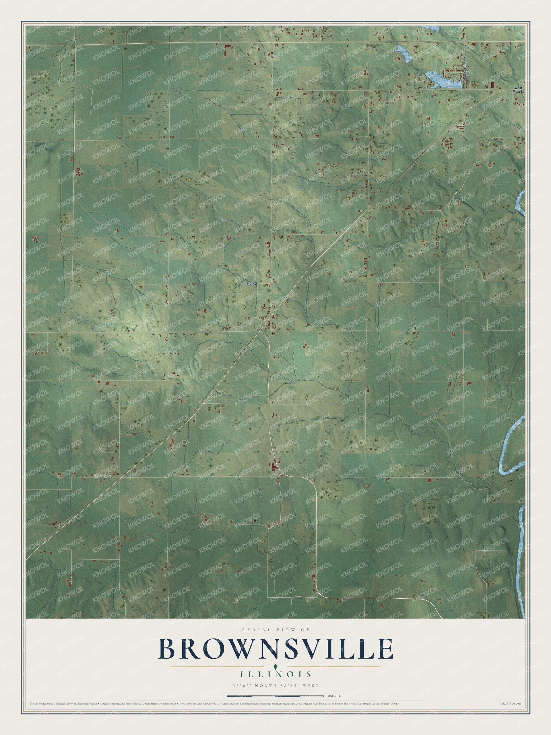 Full map of Brownsville, Illinois, with red buildings, printed street names and the land around them