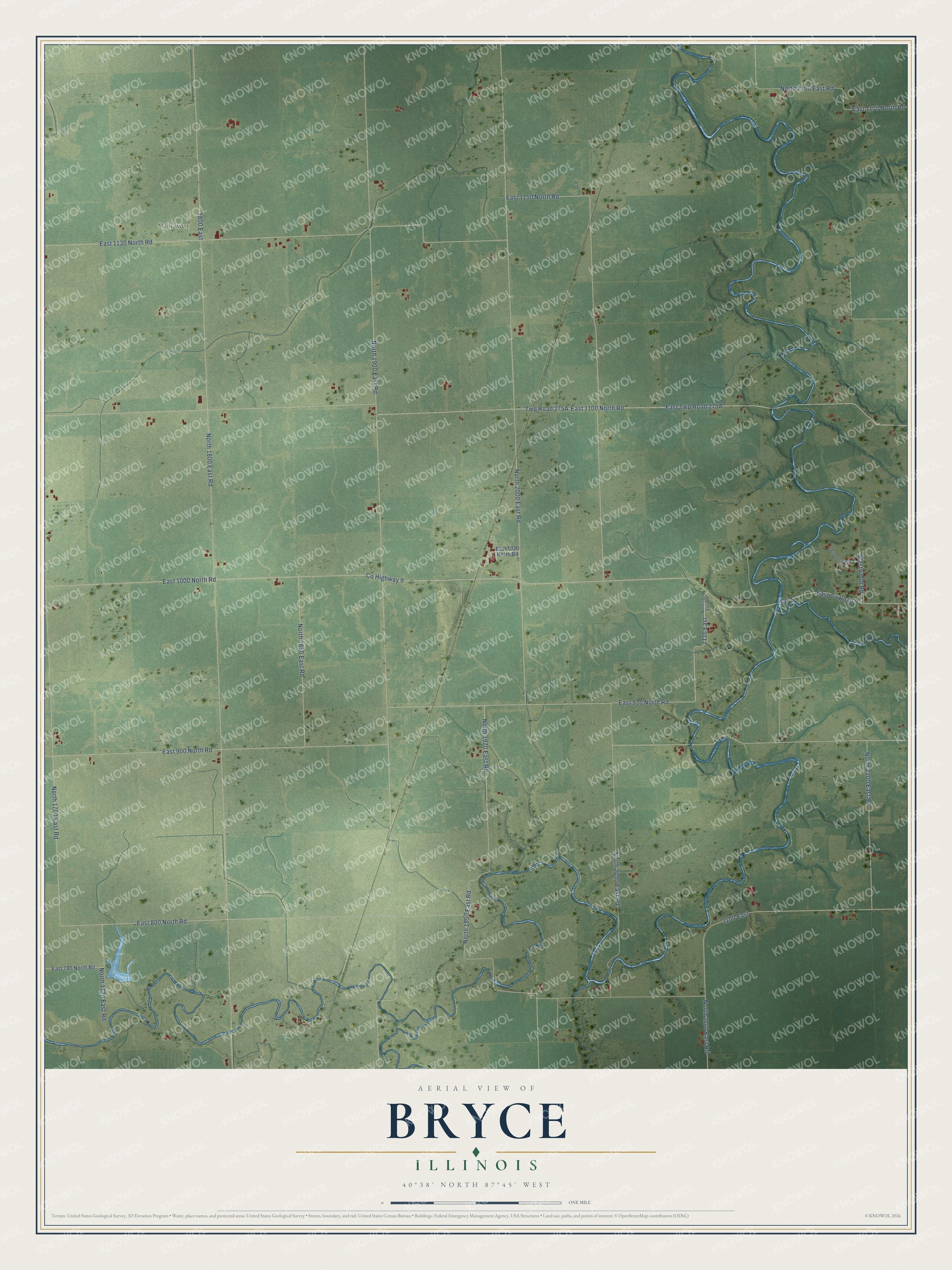 Full map of Bryce, Illinois, with red buildings, printed street names and the land around them