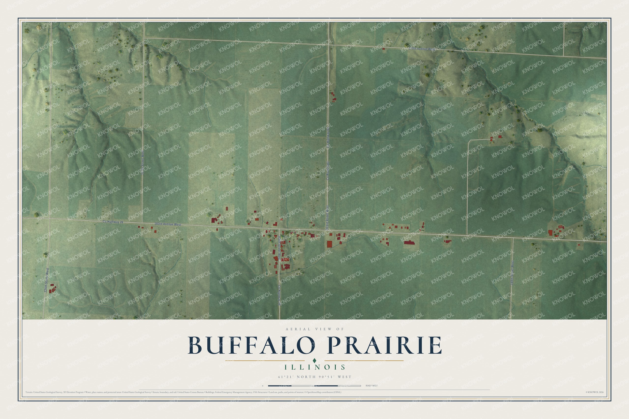 Full map of Buffalo Prairie, Illinois, with red buildings, printed street names and the land around them