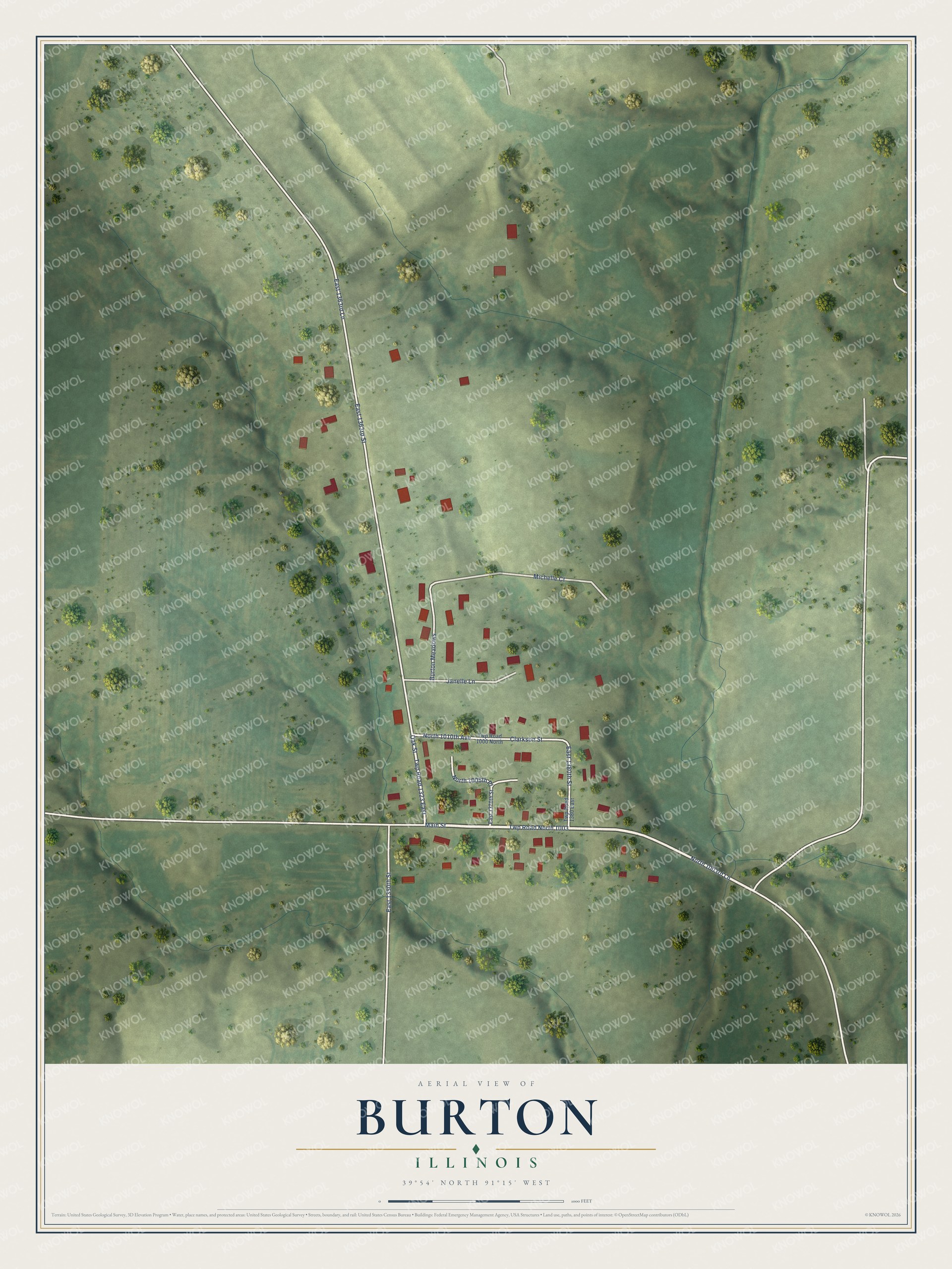 Full map of Burton, Illinois, with red buildings, printed street names and the land around them