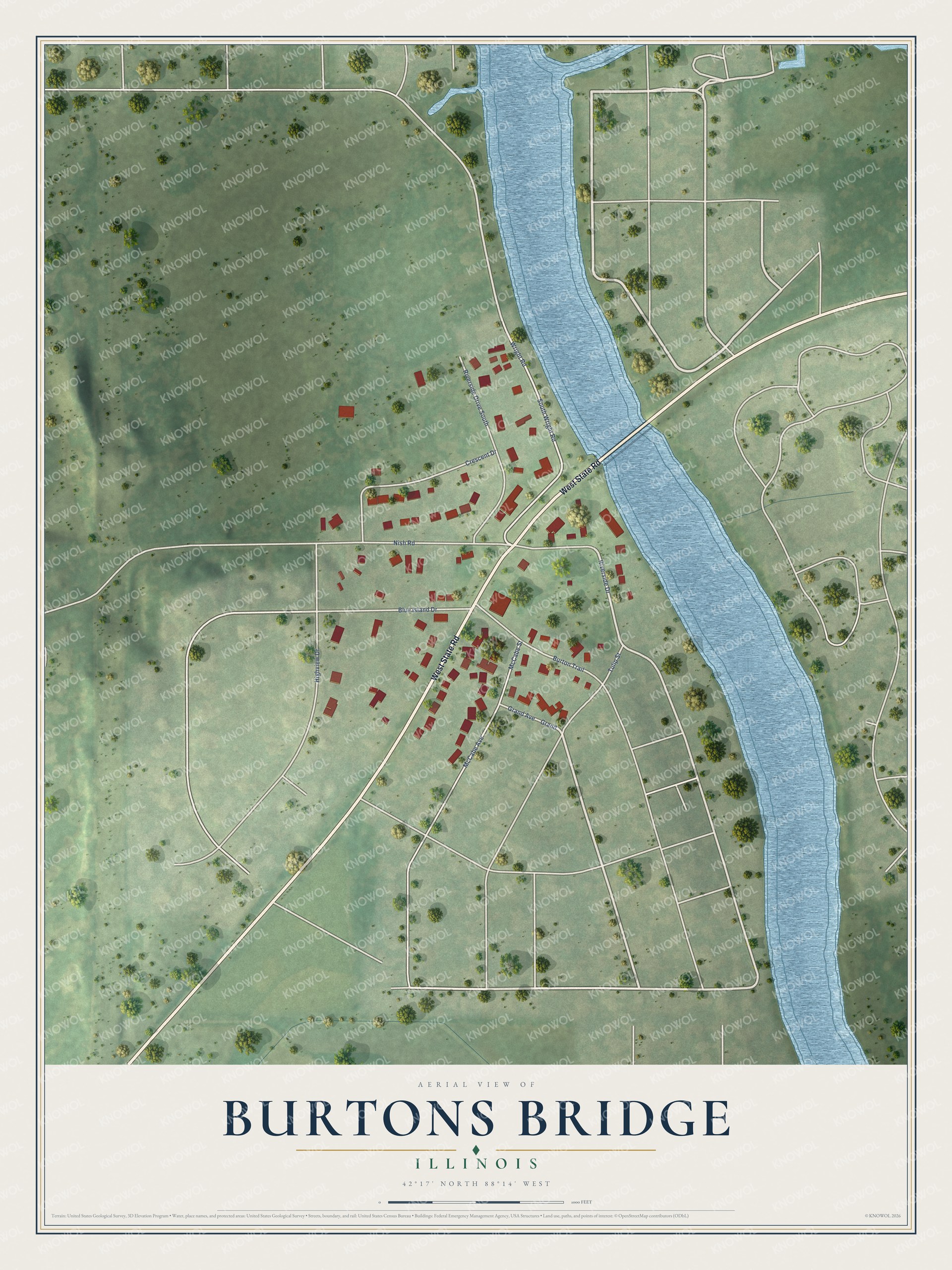 Full map of Burtons Bridge, Illinois, with red buildings, printed street names and the land around them