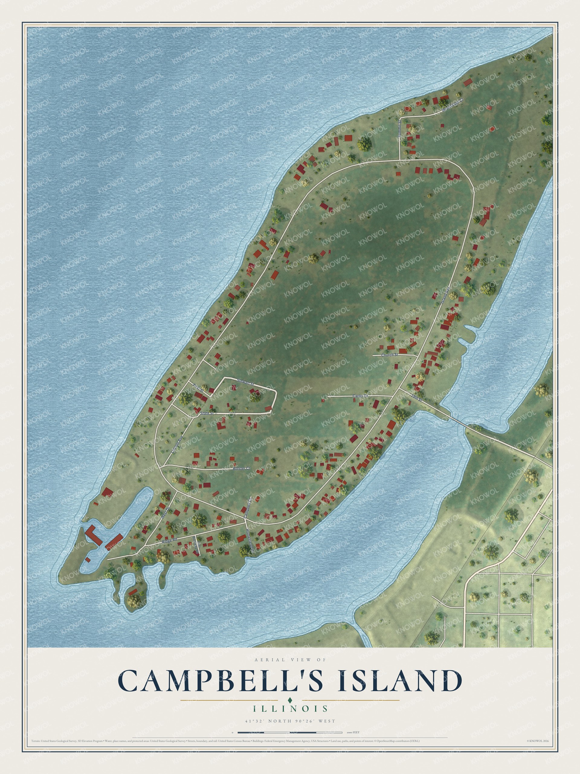Full map of Campbell's Island, Illinois, with red buildings, printed street names and the land around them