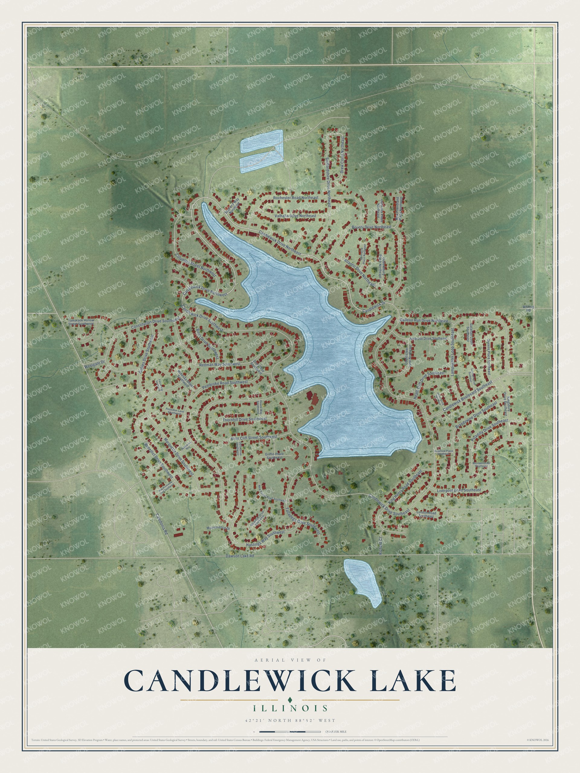 Full map of Candlewick Lake, Illinois, with red buildings, printed street names and the land around them