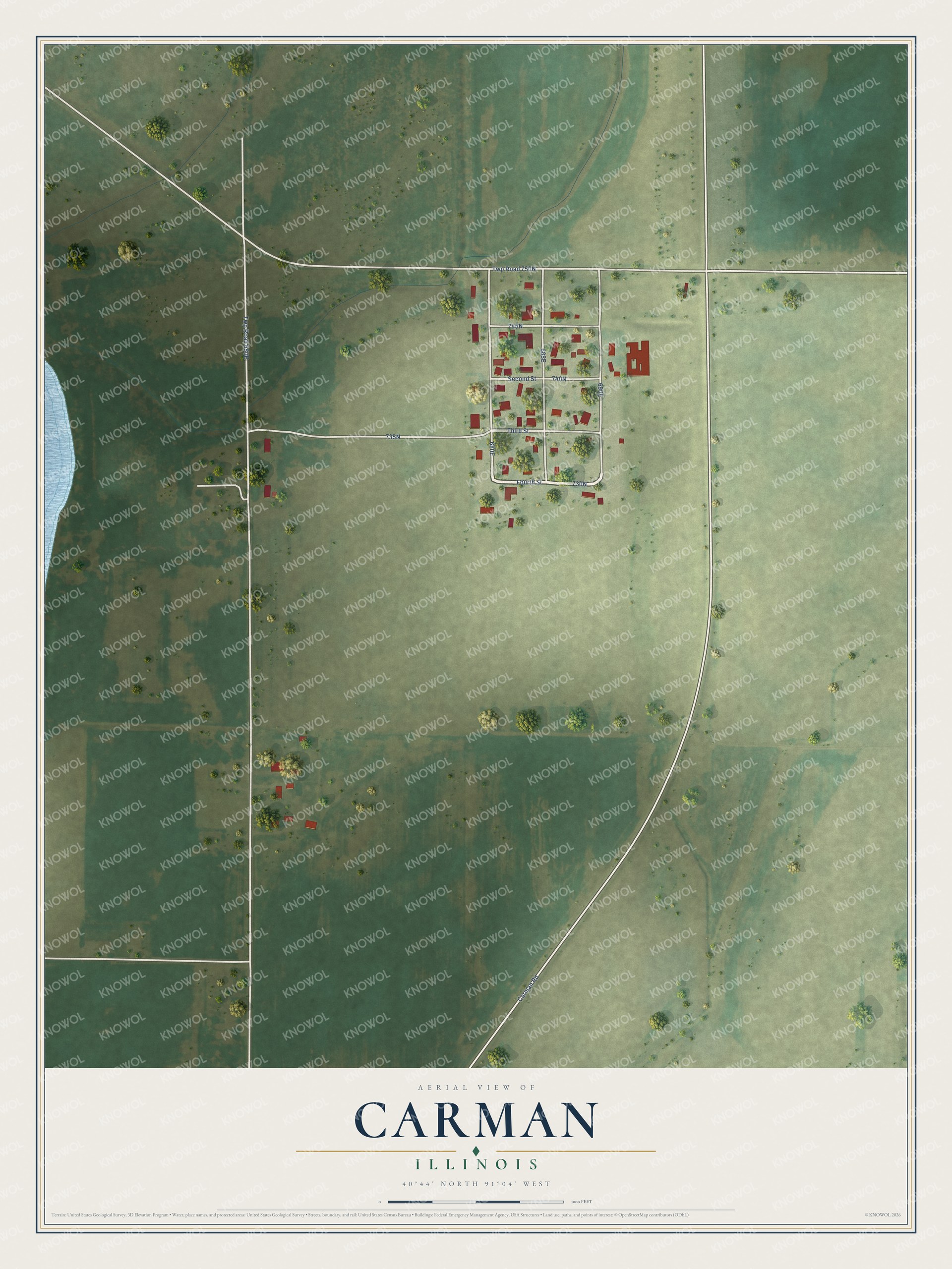 Full map of Carman, Illinois, with red buildings, printed street names and the land around them