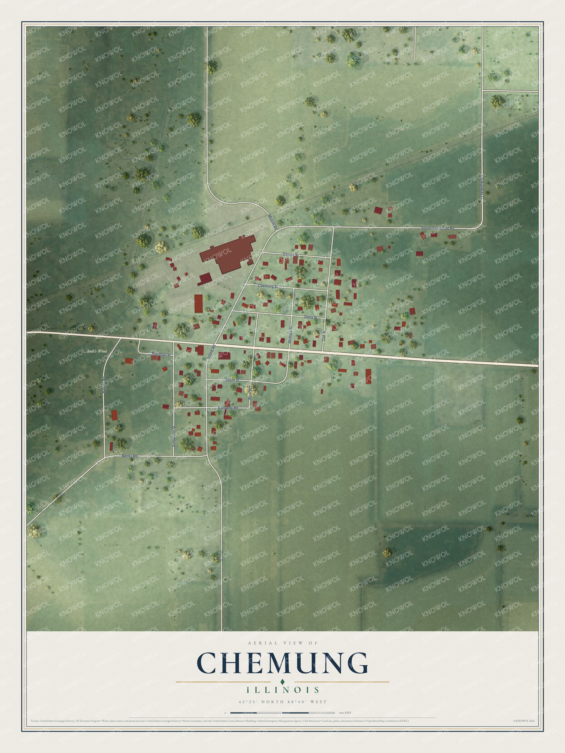 Full map of Chemung, Illinois, with red buildings, printed street names and the land around them