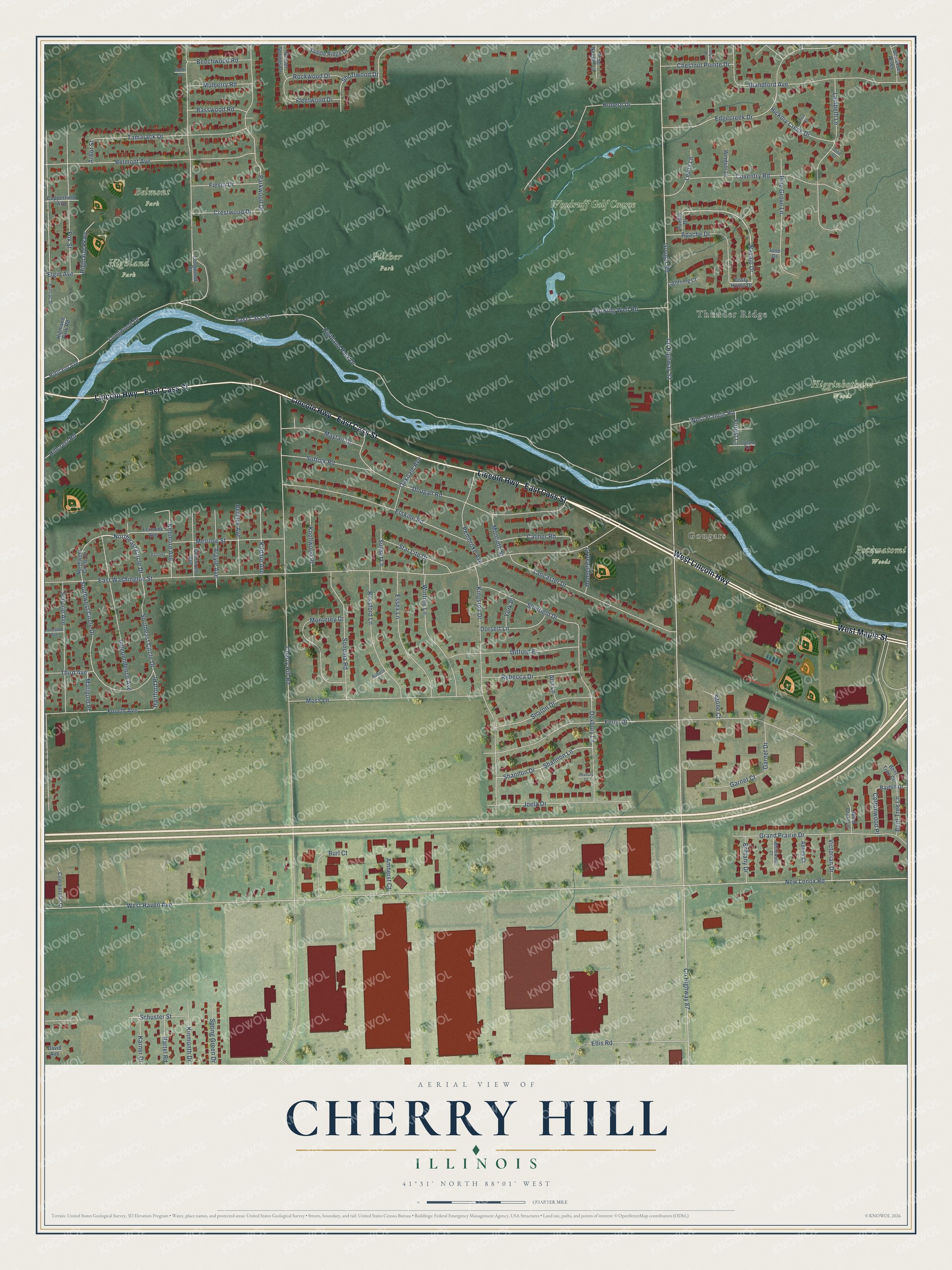 Full map of Cherry Hill, Illinois, with red buildings, printed street names and the land around them