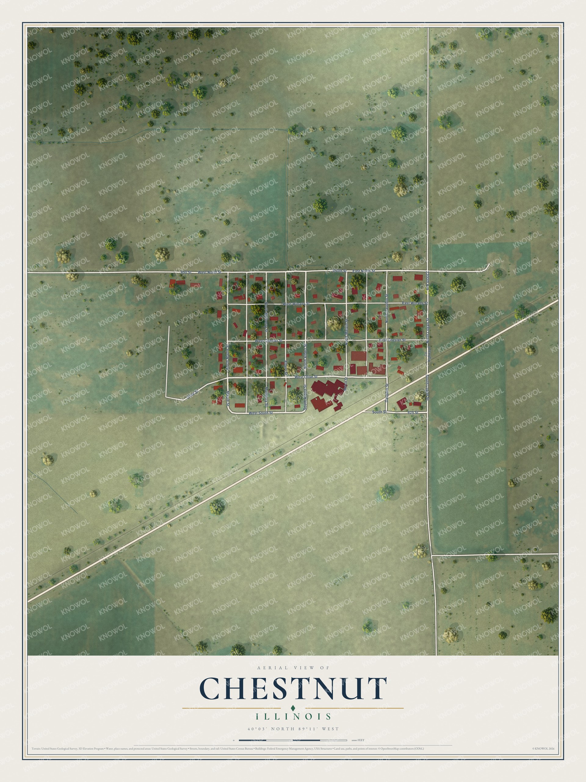 Full map of Chestnut, Illinois, with red buildings, printed street names and the land around them