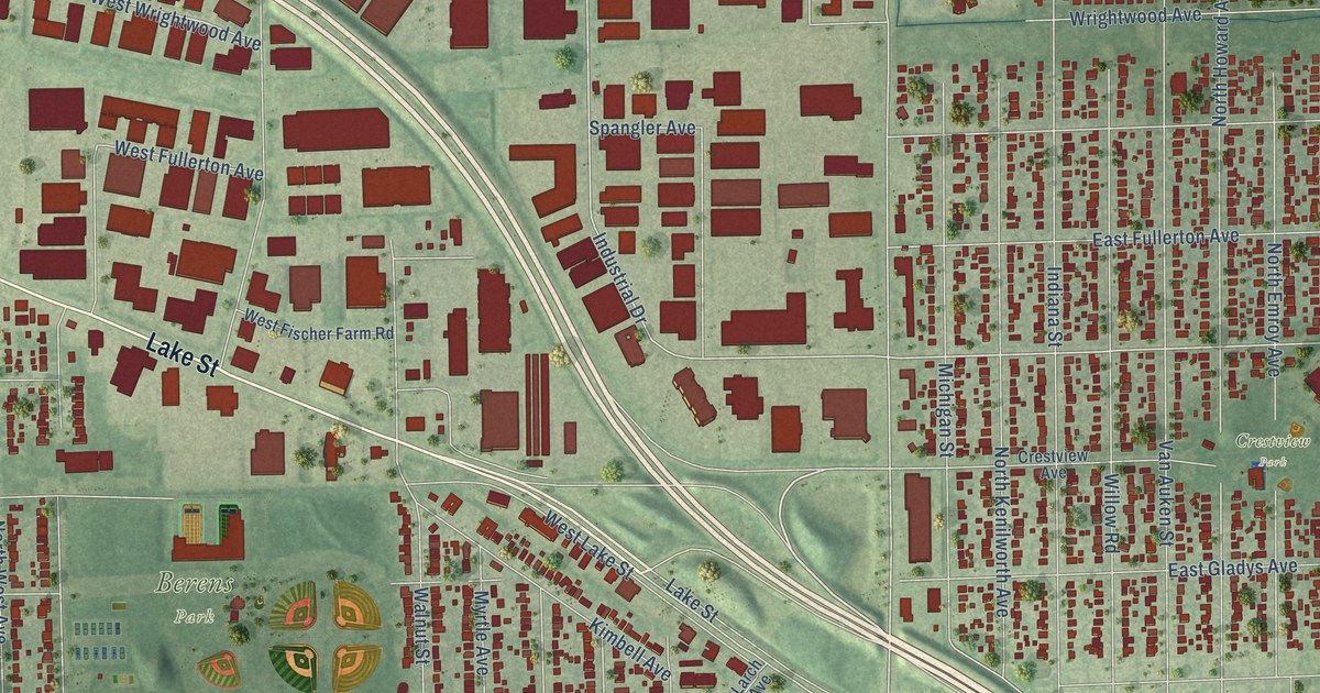 Close-up of streets and buildings in Churchville, Illinois