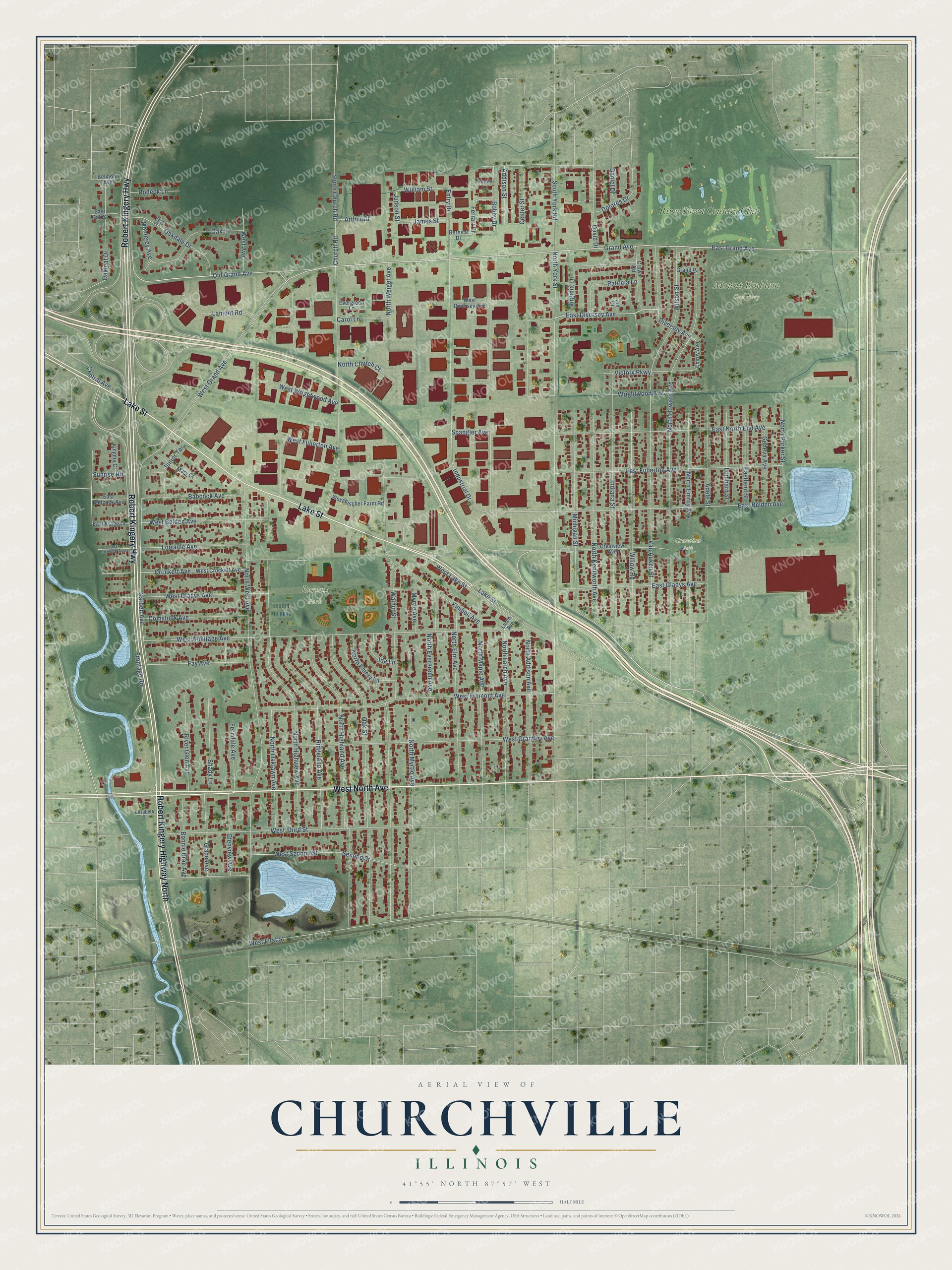 Full map of Churchville, Illinois, with red buildings, printed street names and the land around them