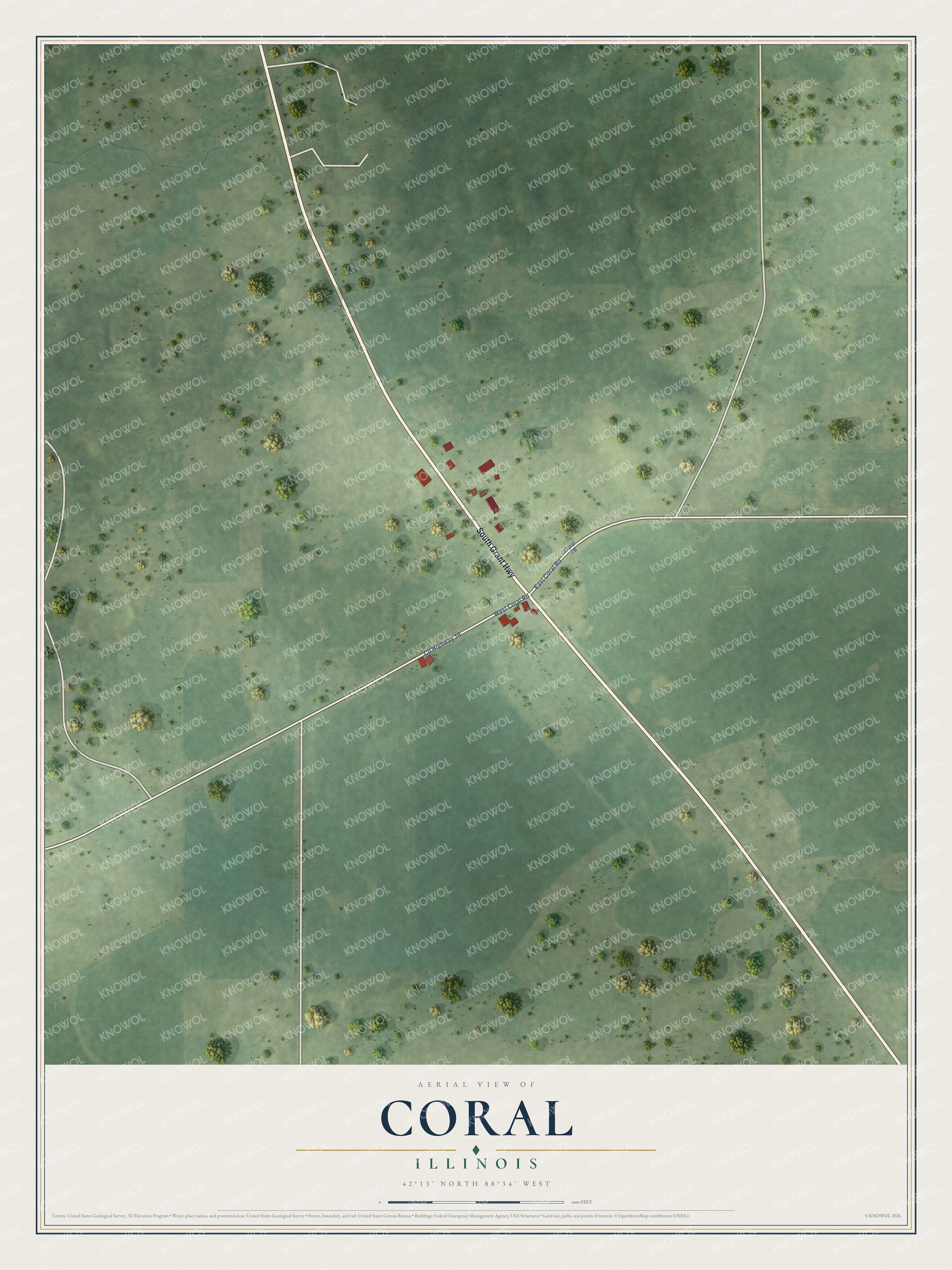 Full map of Coral, Illinois, with red buildings, printed street names and the land around them
