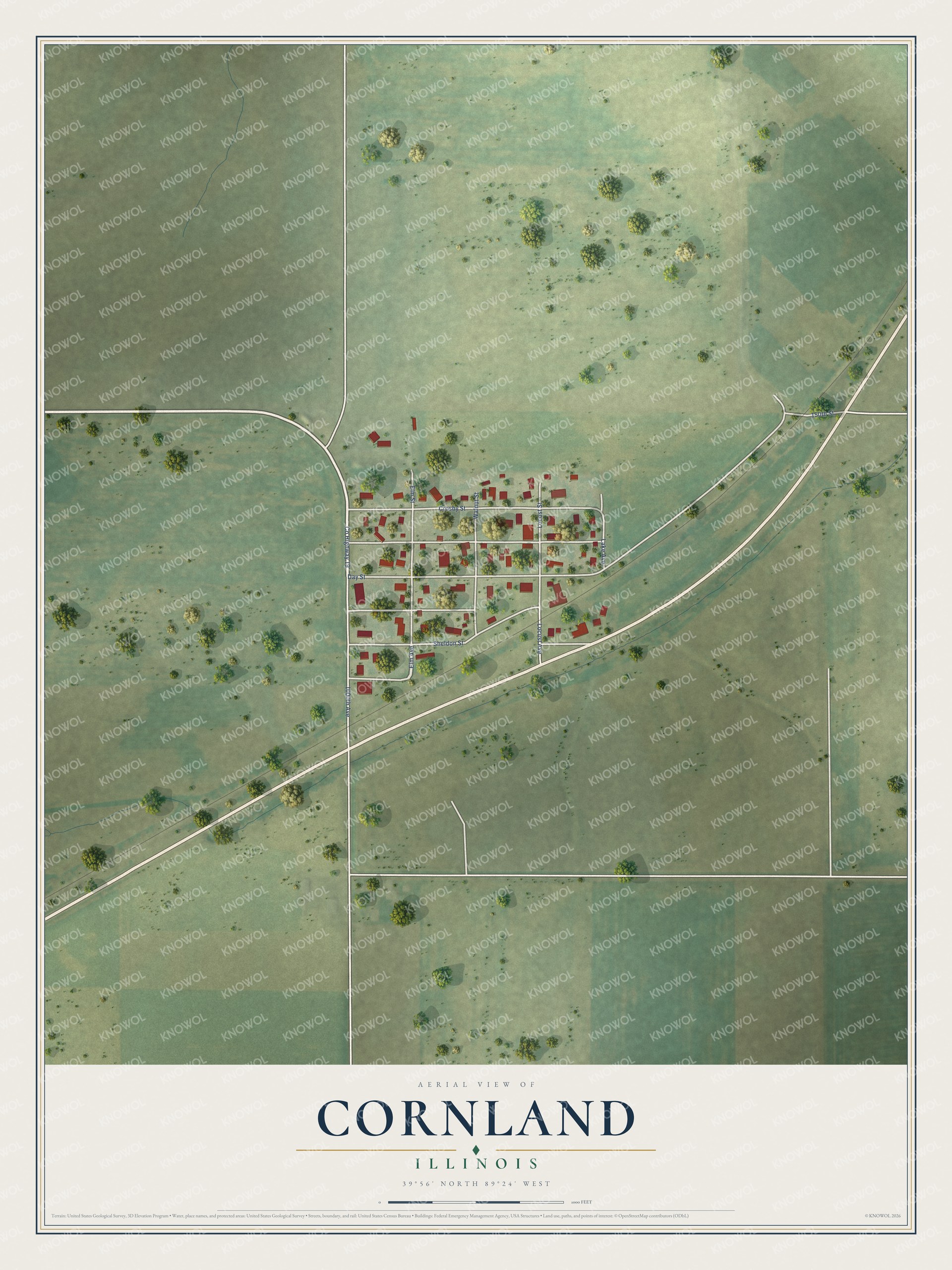 Full map of Cornland, Illinois, with red buildings, printed street names and the land around them