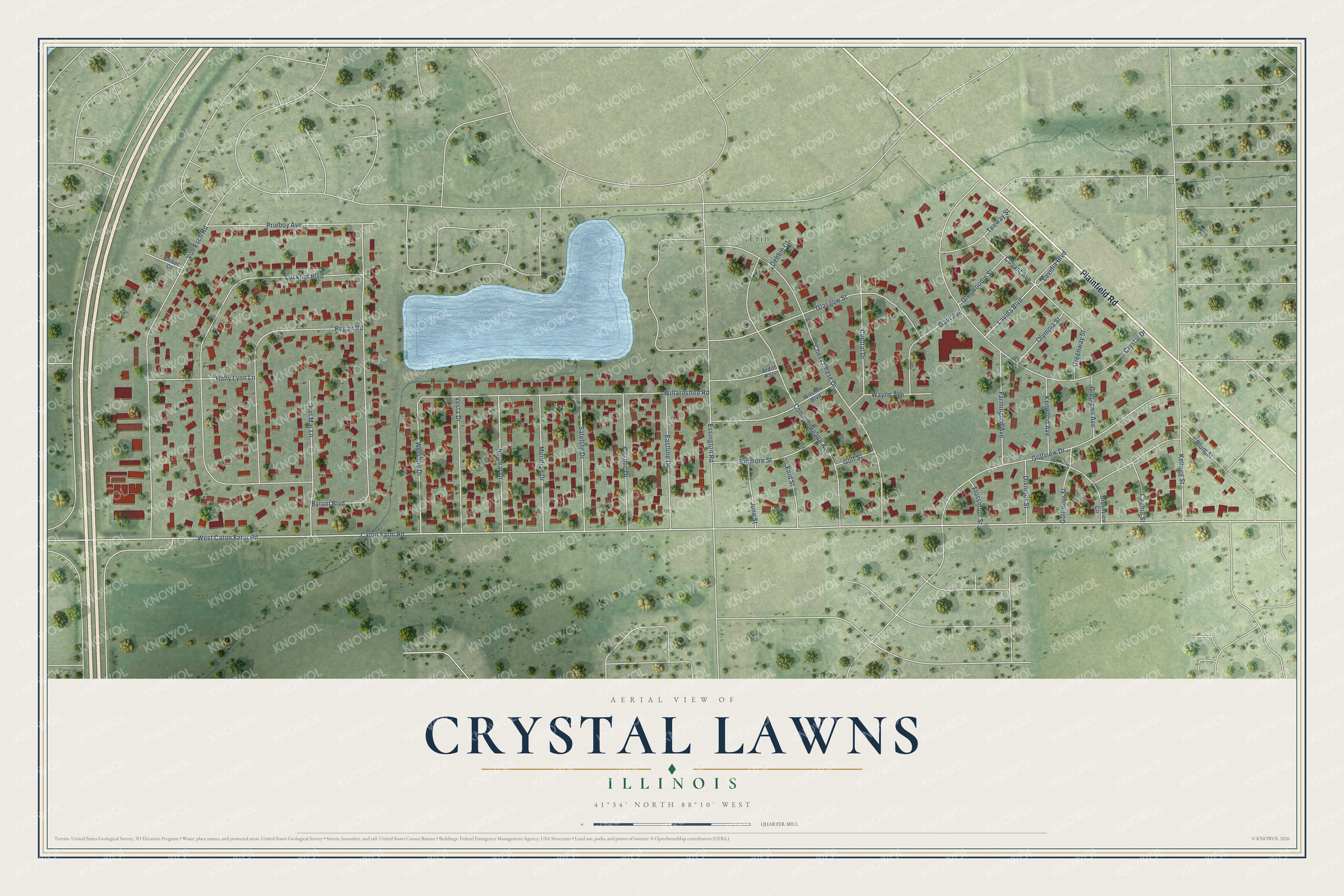 Full map of Crystal Lawns, Illinois, with red buildings, printed street names and the land around them