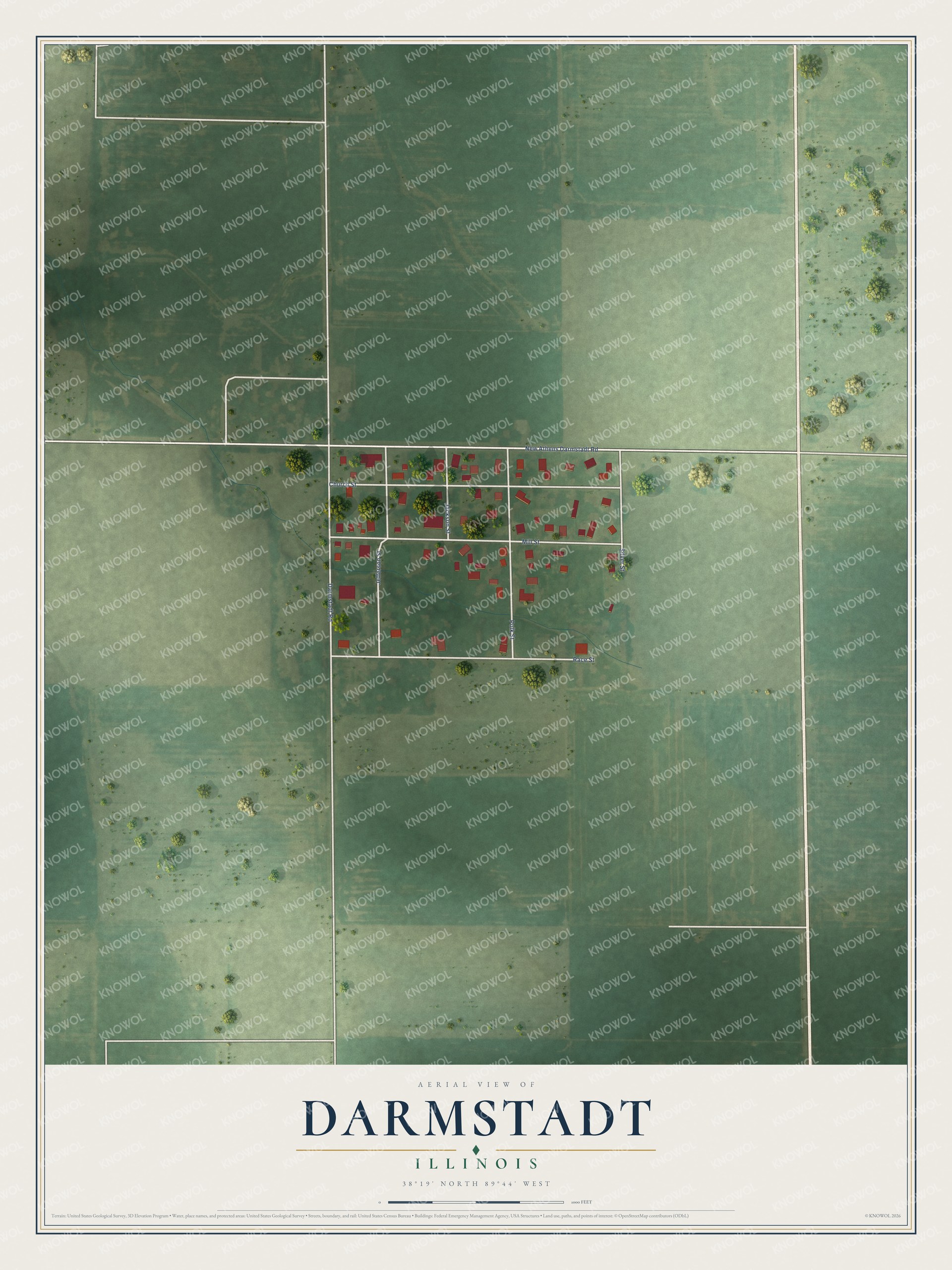 Full map of Darmstadt, Illinois, with red buildings, printed street names and the land around them