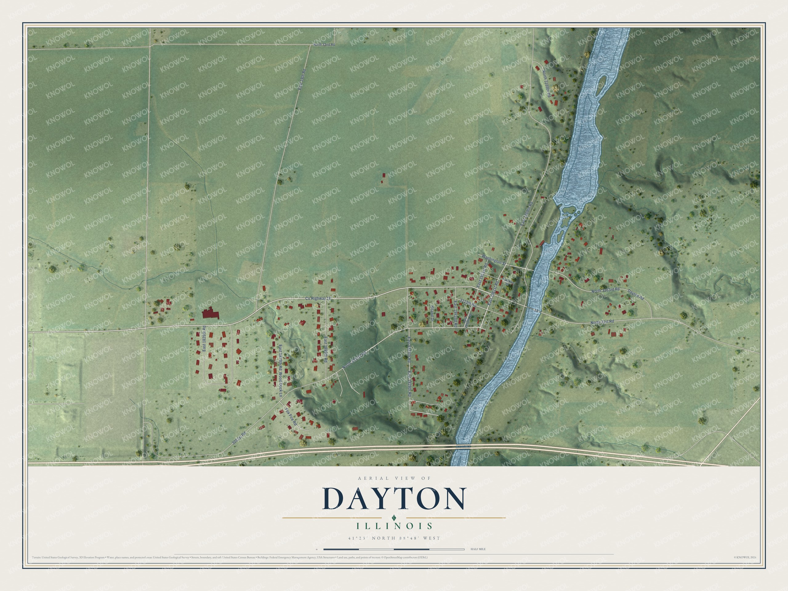 Full map of Dayton, Illinois, with red buildings, printed street names and the land around them