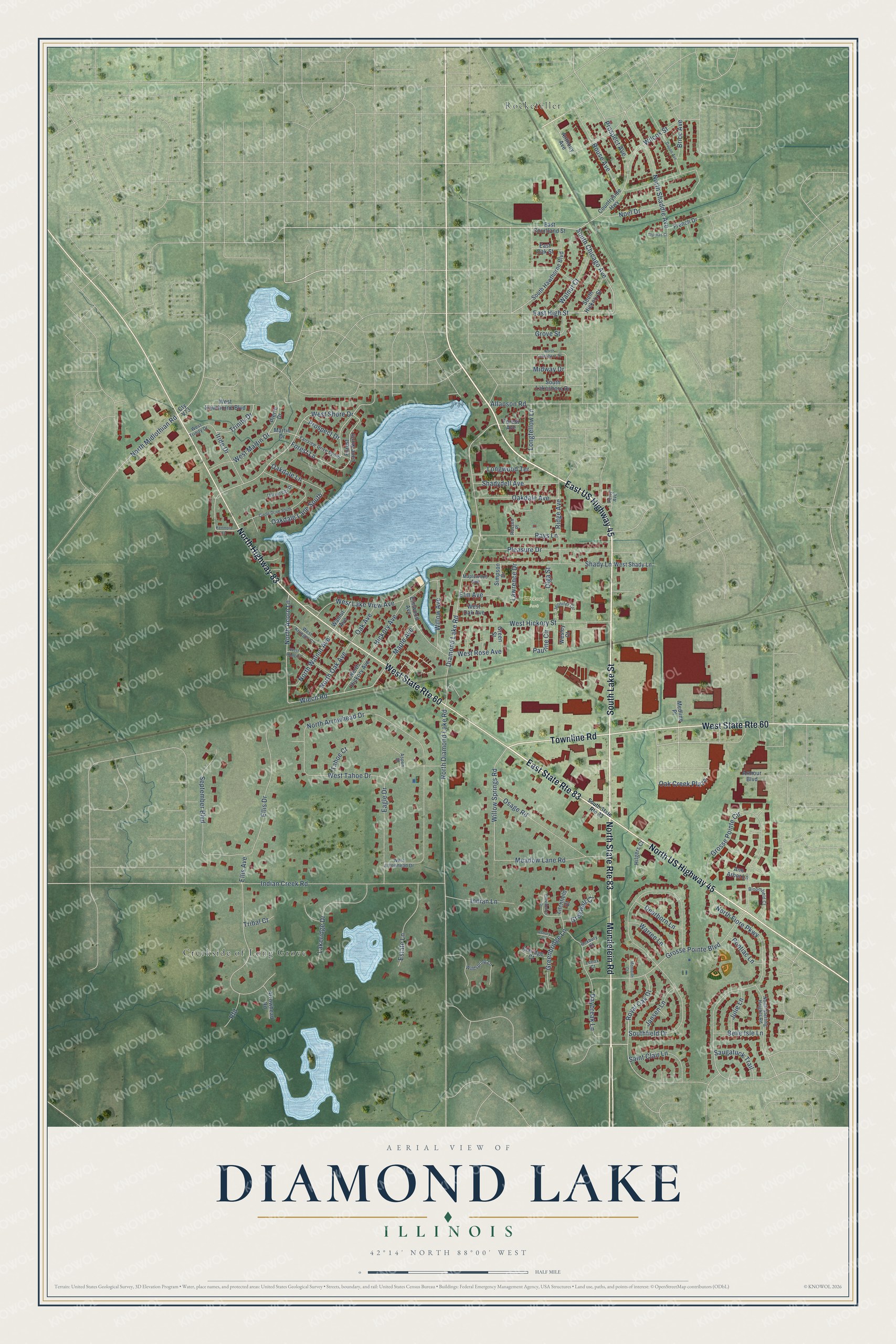 Full map of Diamond Lake, Illinois, with red buildings, printed street names and the land around them
