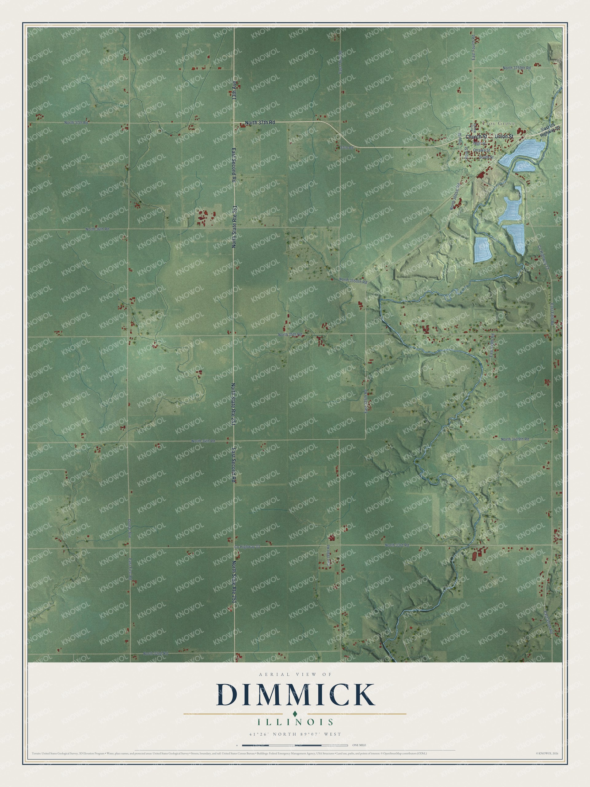 Full map of Dimmick, Illinois, with red buildings, printed street names and the land around them