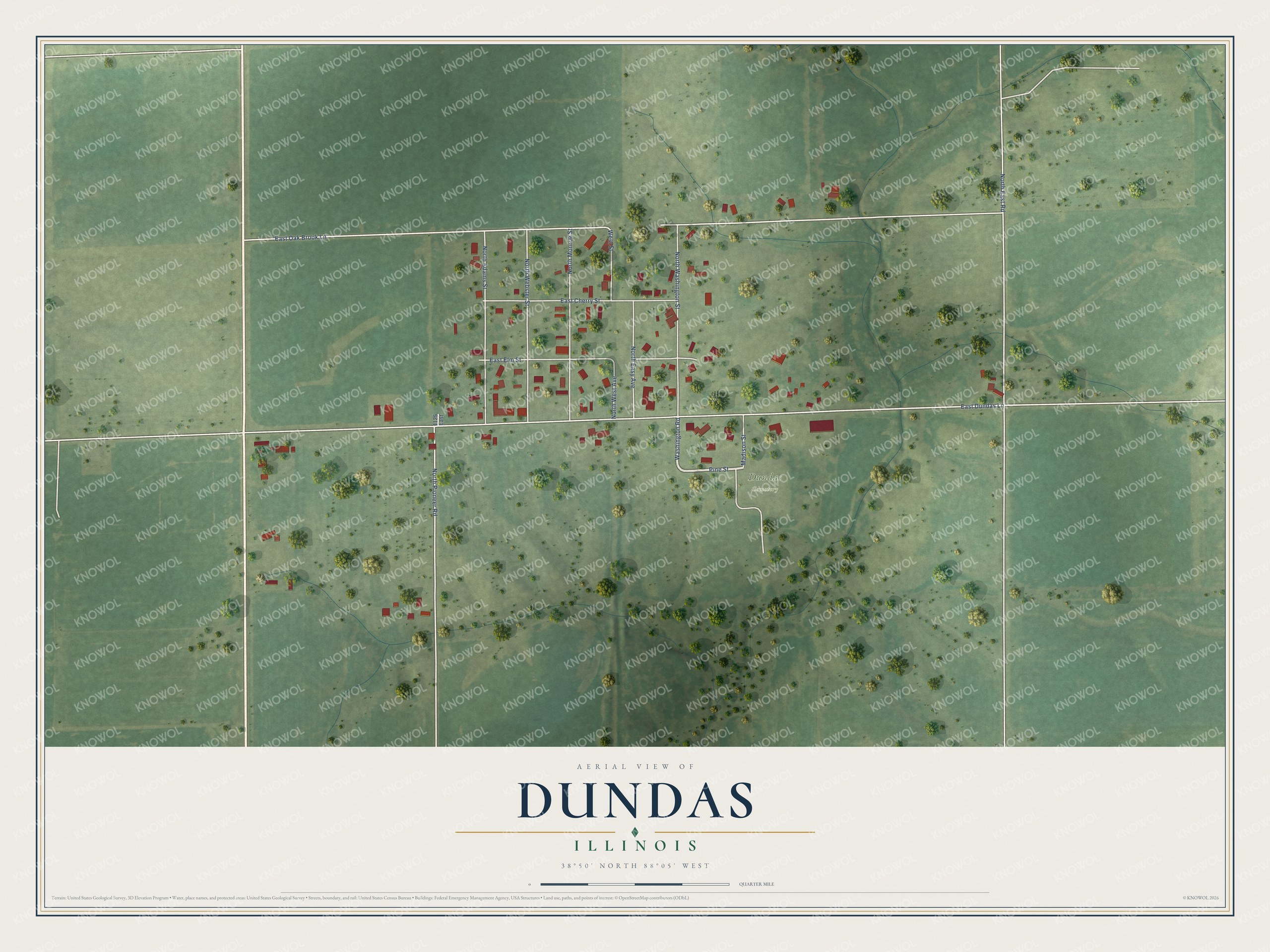 Full map of Dundas, Illinois, with red buildings, printed street names and the land around them