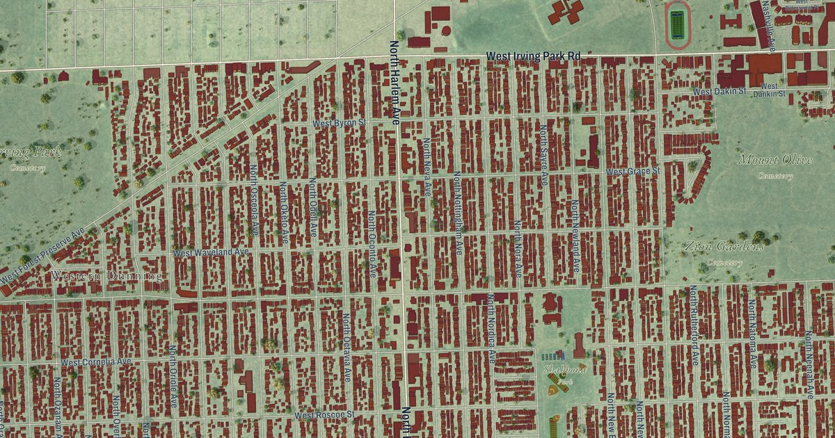 Close-up of streets and buildings in Dunning, Illinois