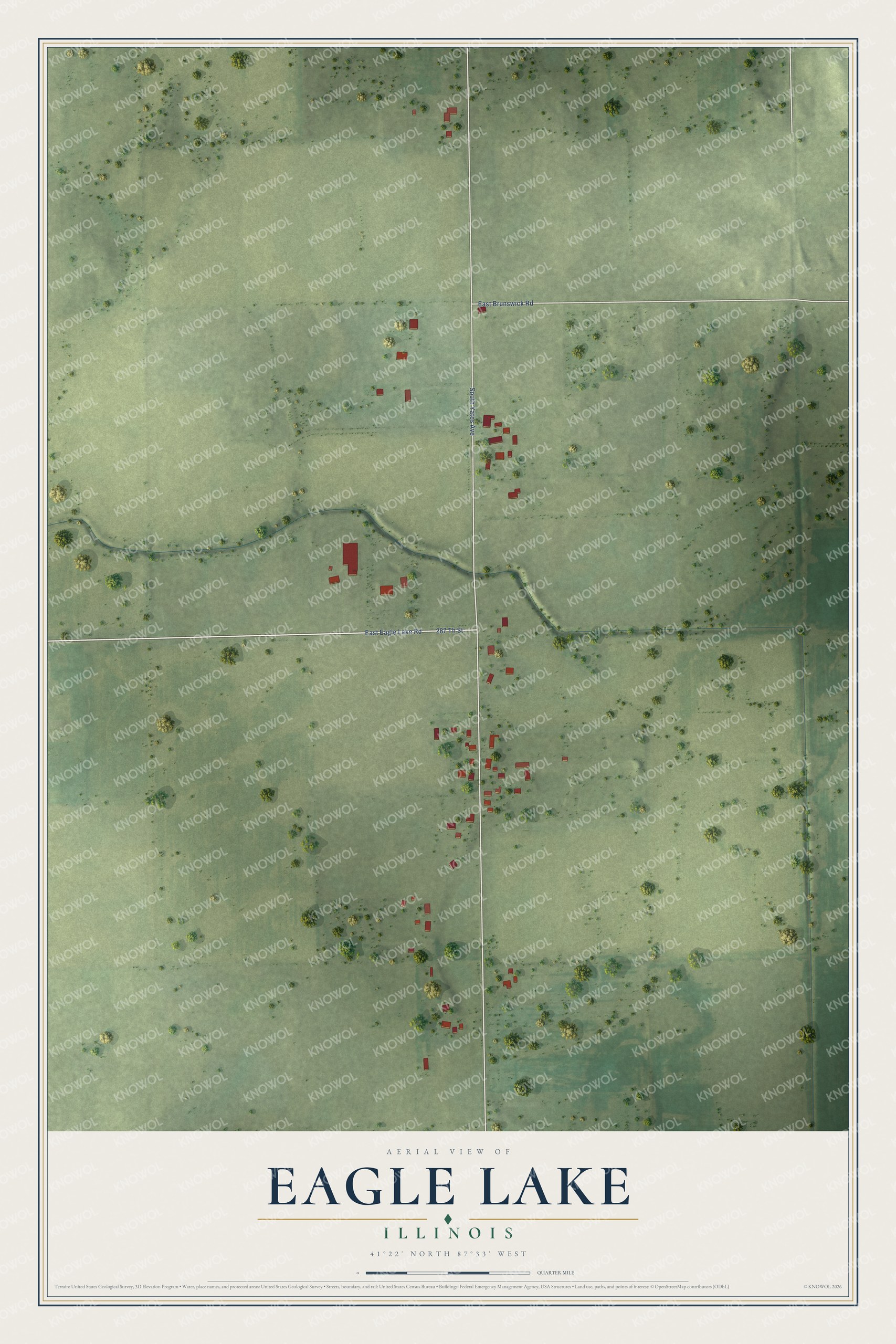 Full map of Eagle Lake, Illinois, with red buildings, printed street names and the land around them