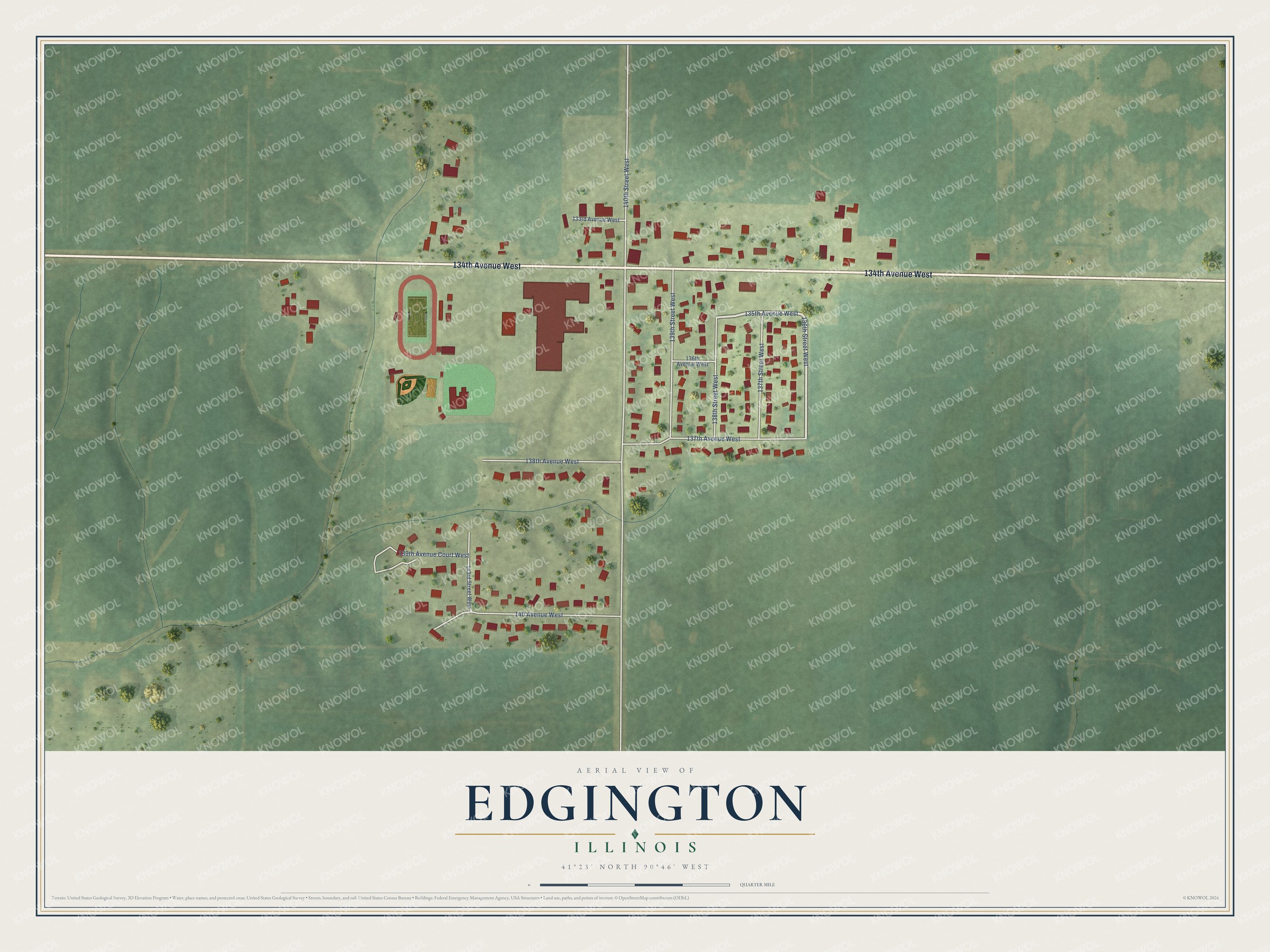 Full map of Edgington, Illinois, with red buildings, printed street names and the land around them