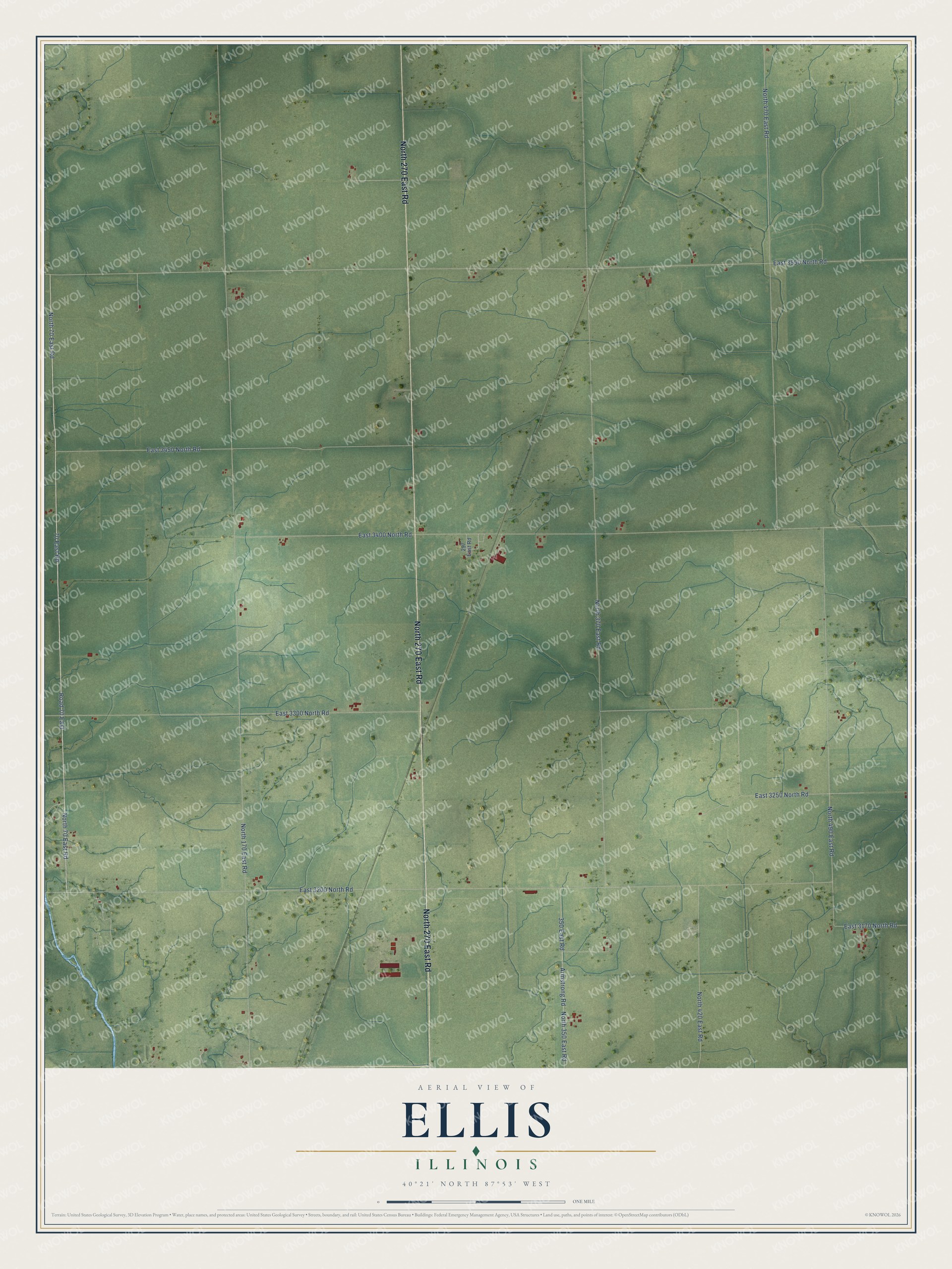 Full map of Ellis, Illinois, with red buildings, printed street names and the land around them