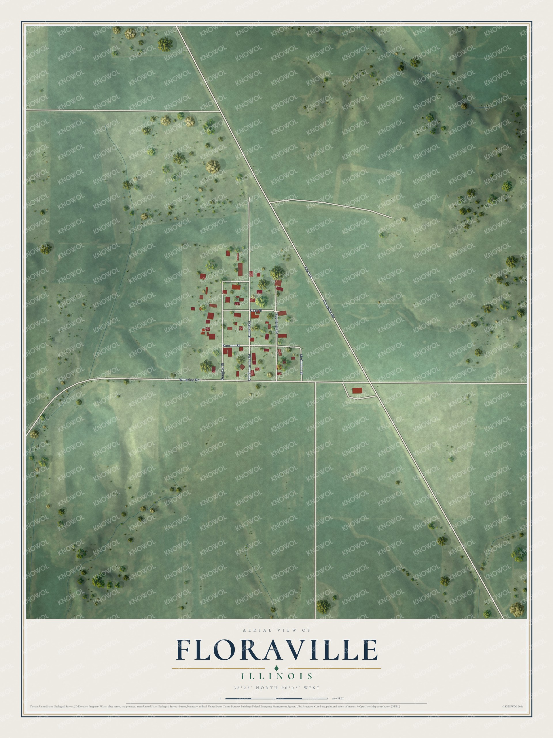 Full map of Floraville, Illinois, with red buildings, printed street names and the land around them