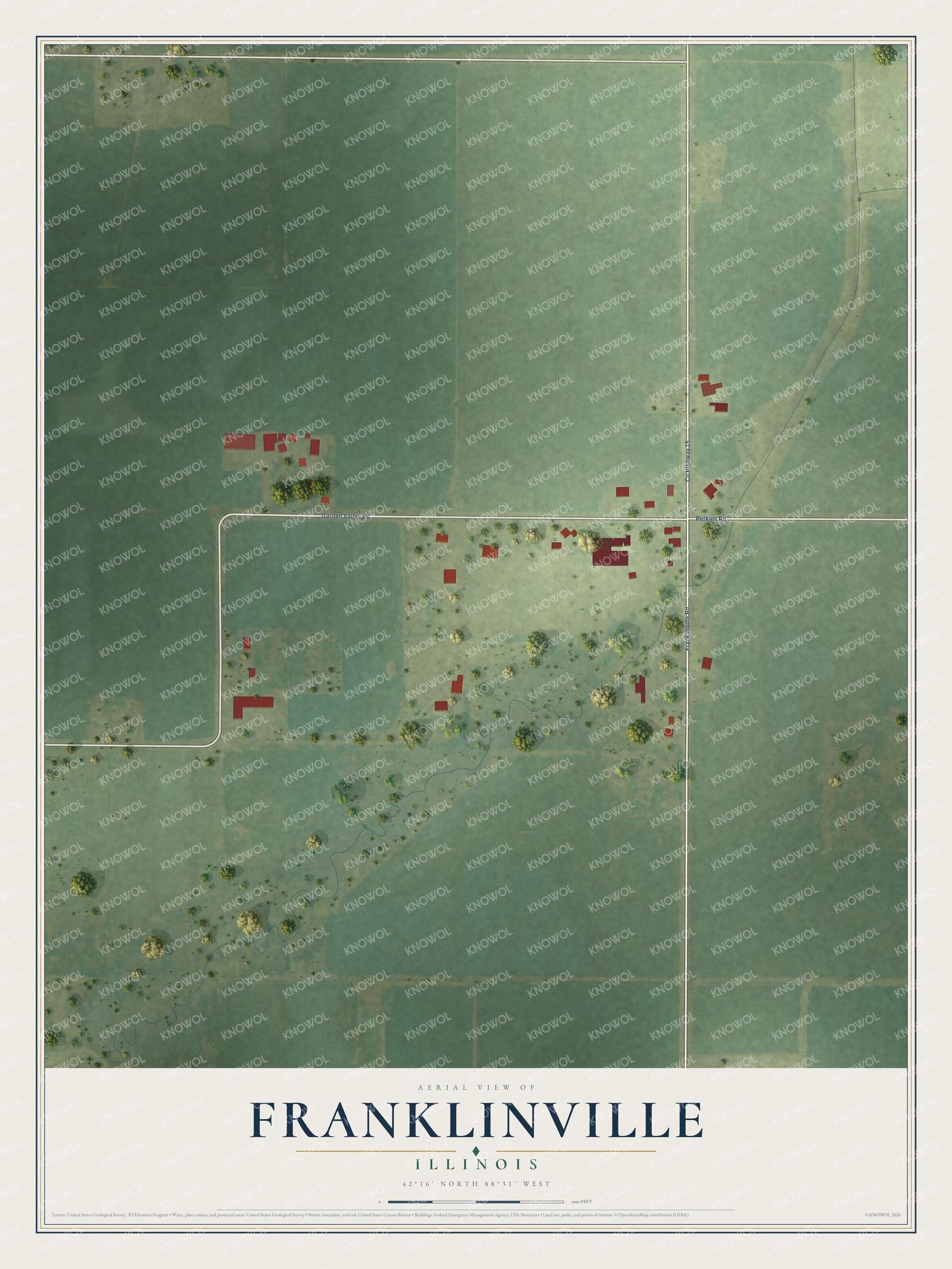Full map of Franklinville, Illinois, with red buildings, printed street names and the land around them