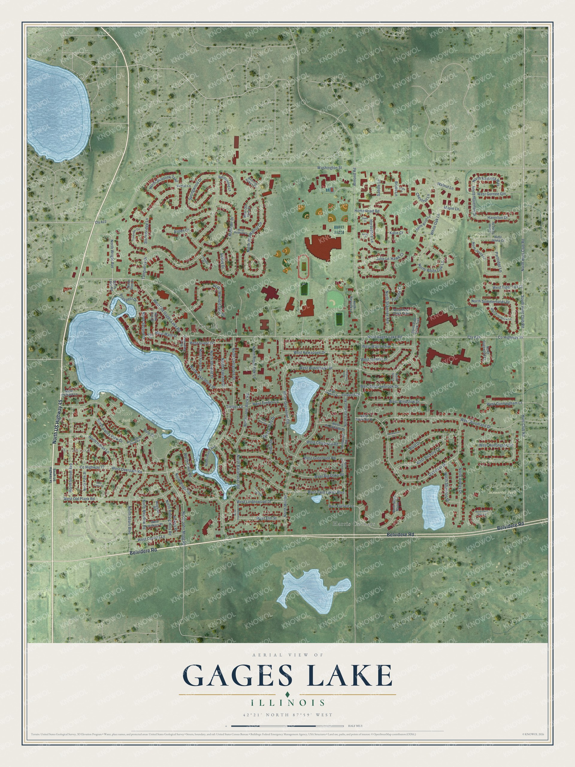 Full map of Gages Lake, Illinois, with red buildings, printed street names and the land around them