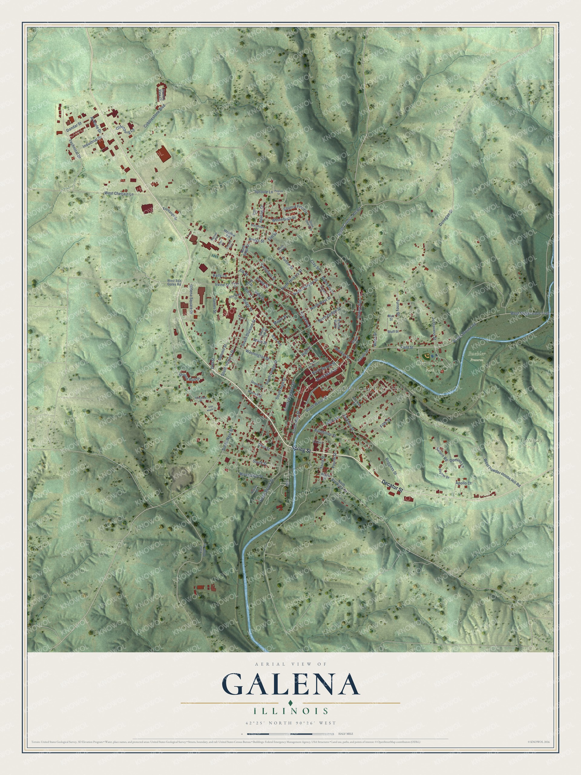 Full map of Galena, Illinois, with red buildings, printed street names and the land around them