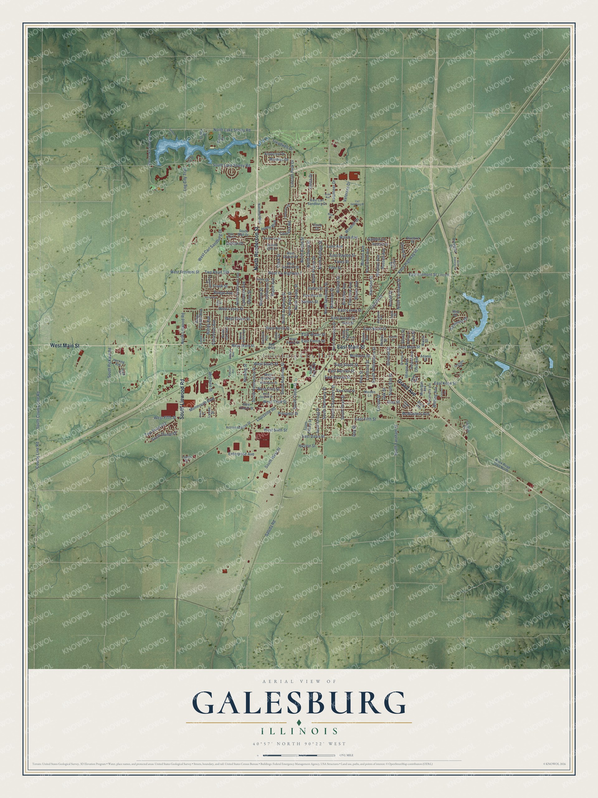 Full map of Galesburg, Illinois, with red buildings, printed street names and the land around them