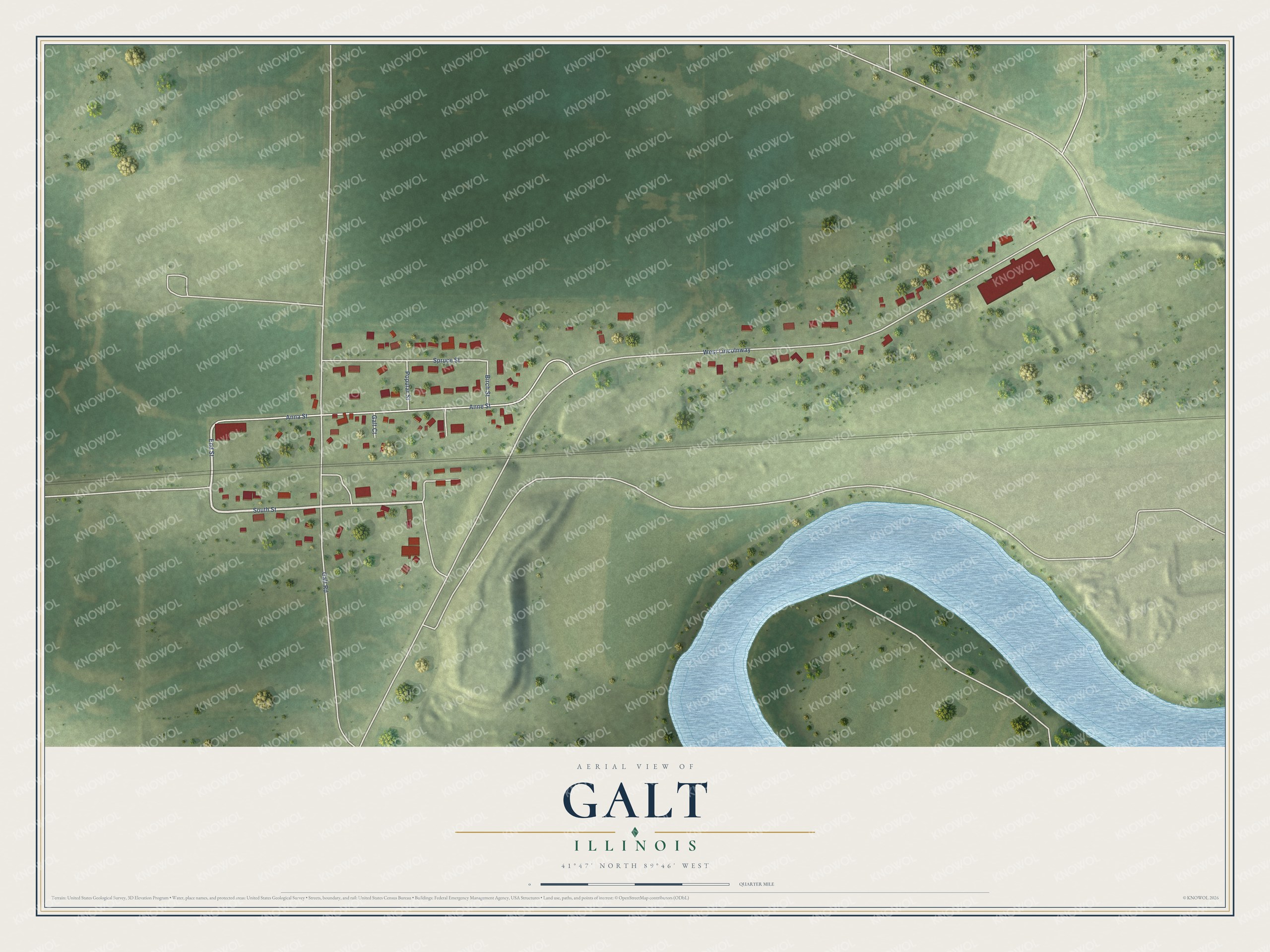 Full map of Galt, Illinois, with red buildings, printed street names and the land around them