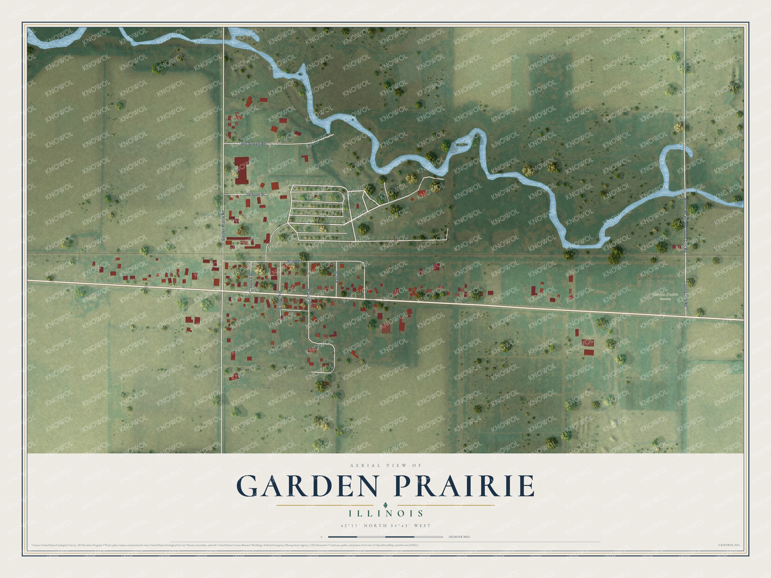 Full map of Garden Prairie, Illinois, with red buildings, printed street names and the land around them