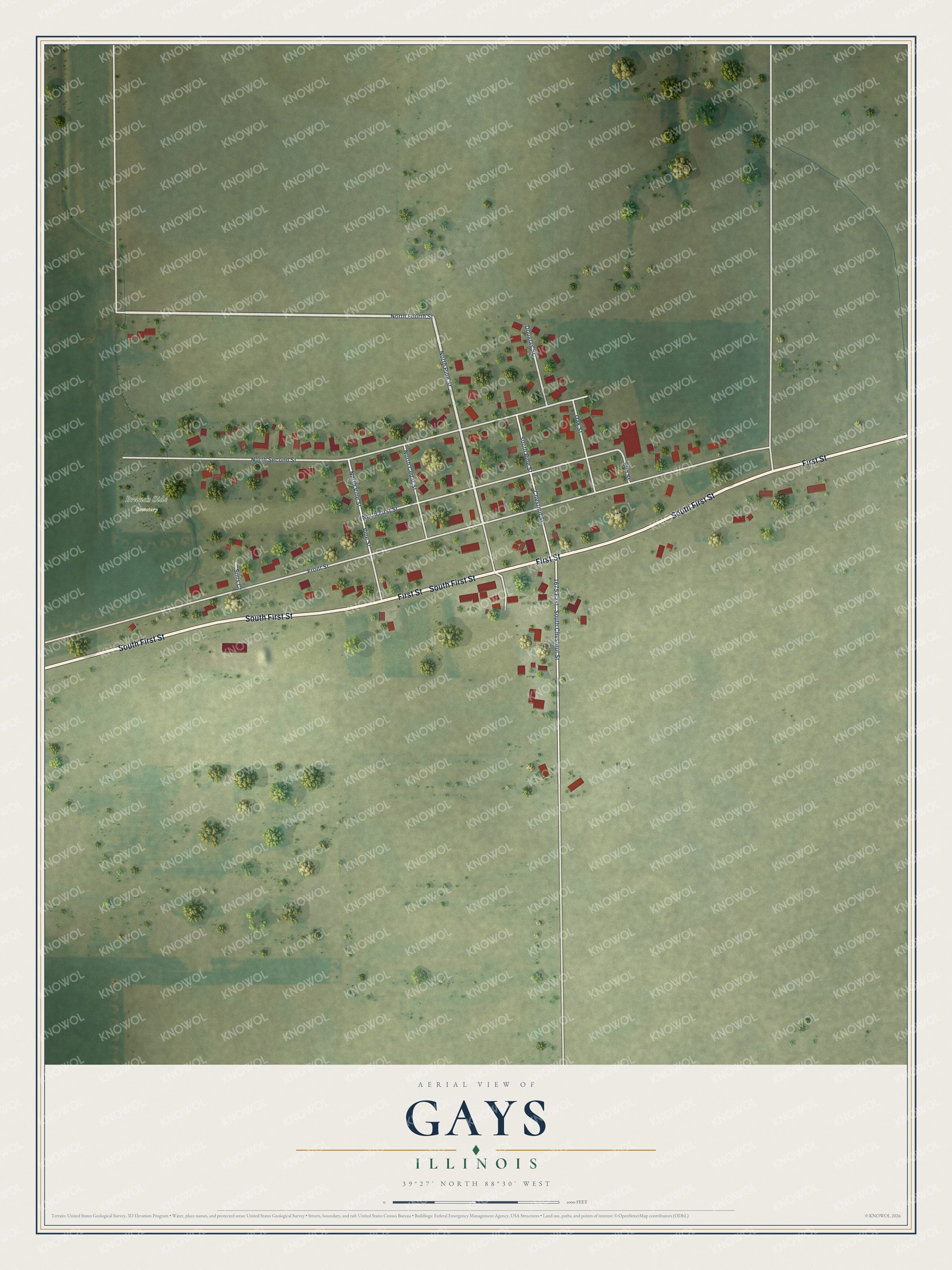 Full map of Gays, Illinois, with red buildings, printed street names and the land around them
