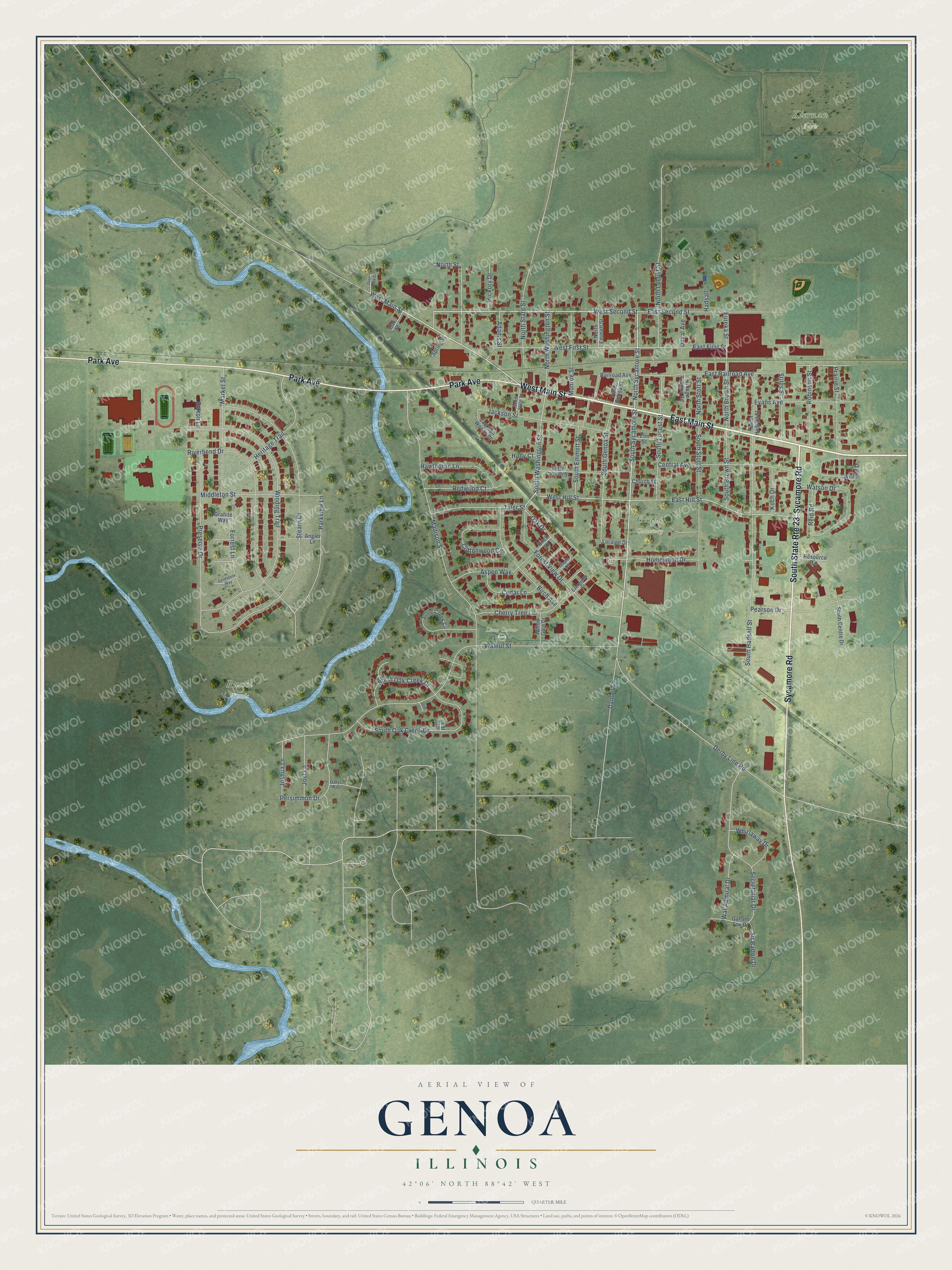 Full map of Genoa, Illinois, with red buildings, printed street names and the land around them