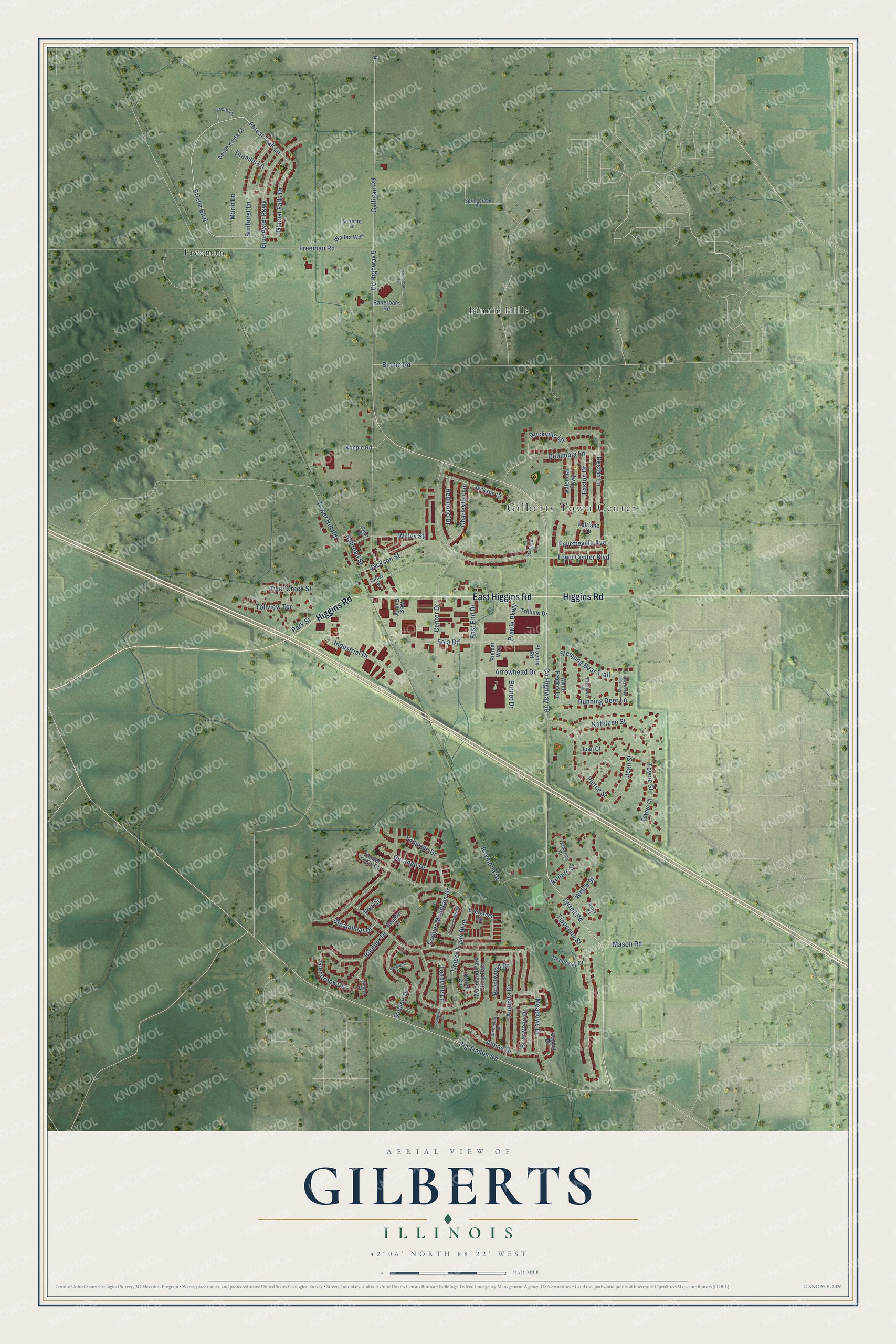 Watermarked full-map preview of Gilberts, Illinois