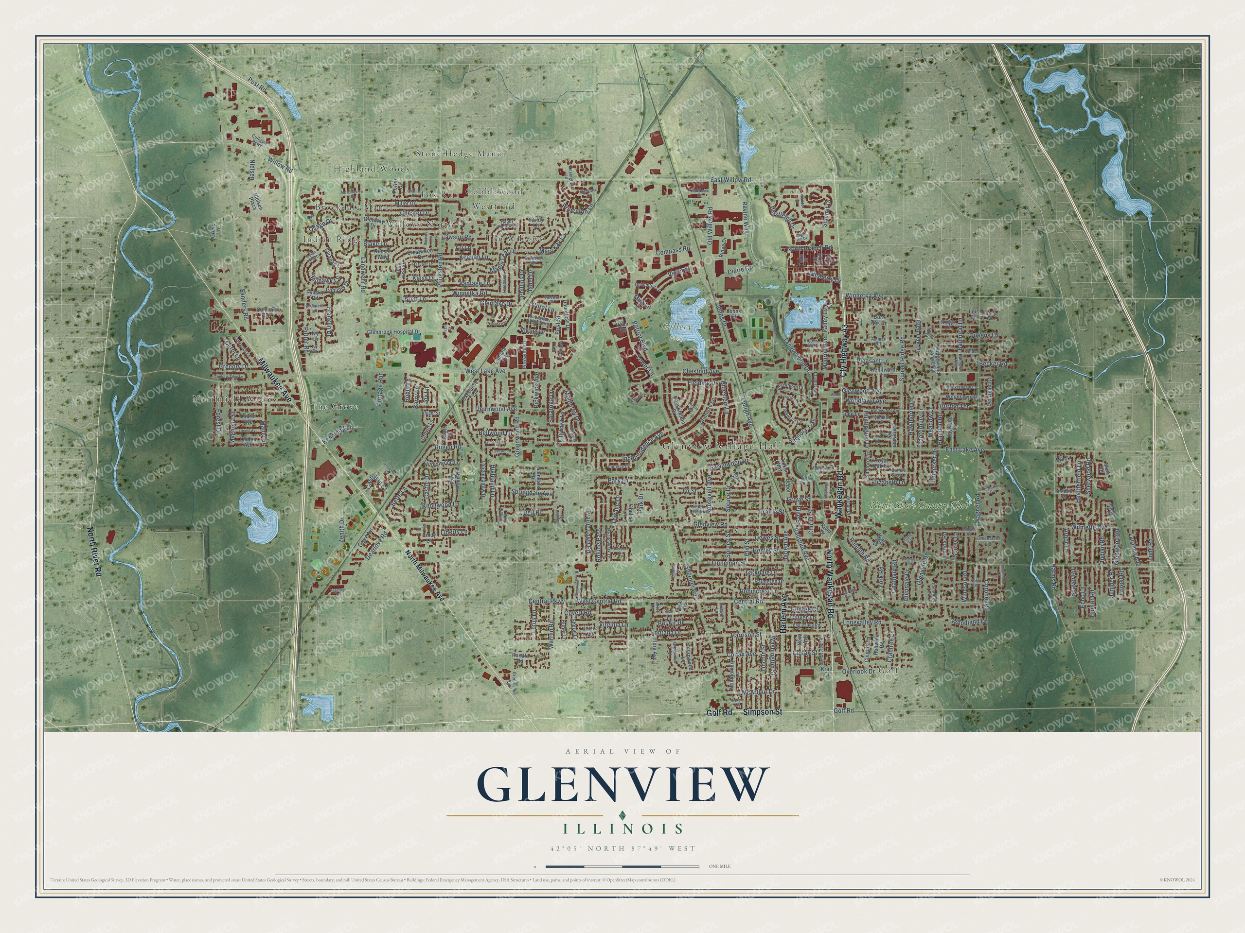 Full map of Glenview, Illinois, with red buildings, printed street names and the land around them