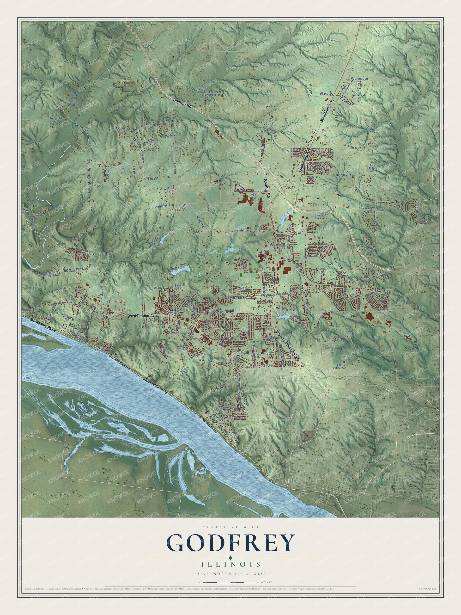 Watermarked full-map preview of Godfrey, Illinois