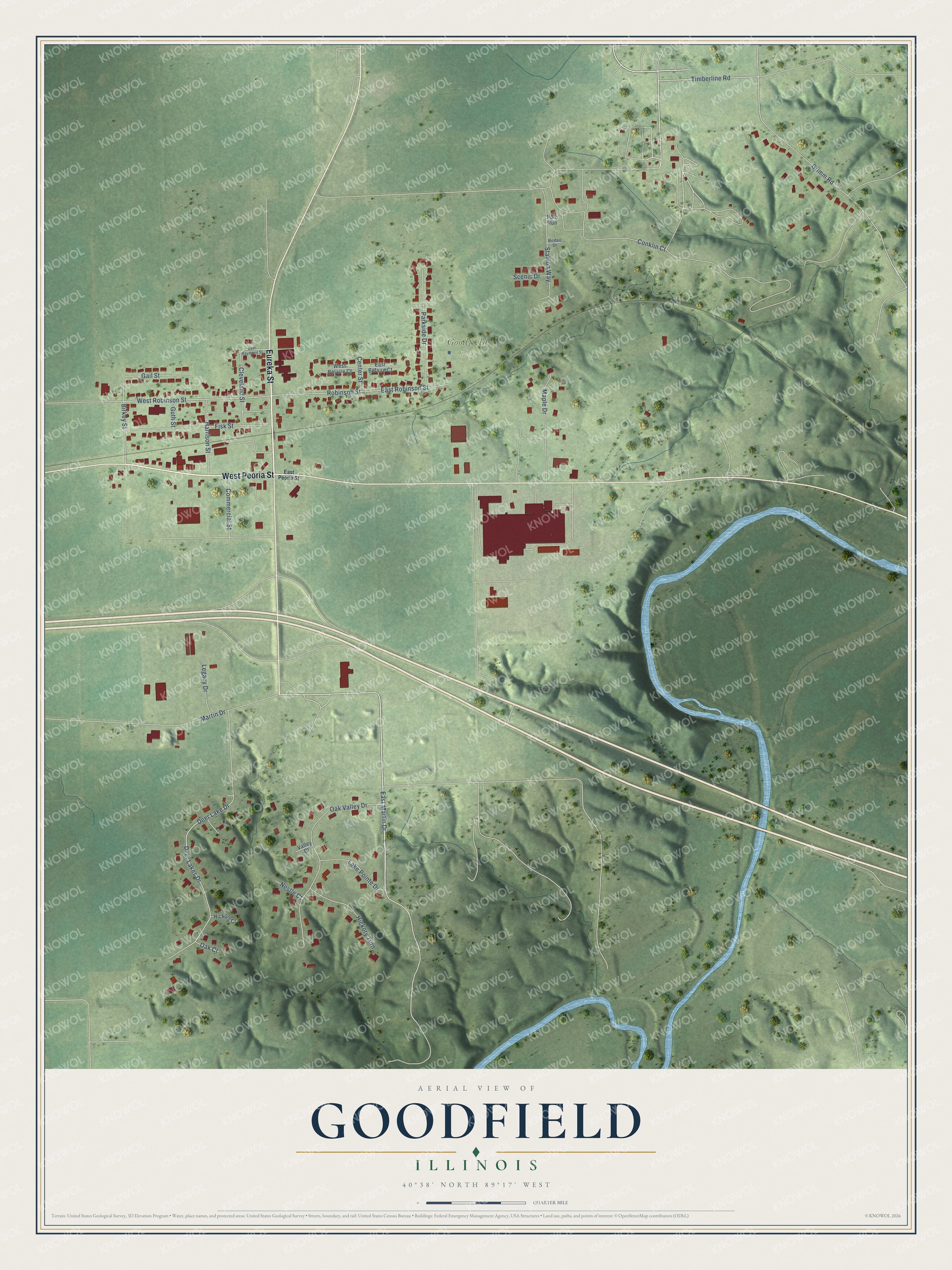 Full map of Goodfield, Illinois, with red buildings, printed street names and the land around them