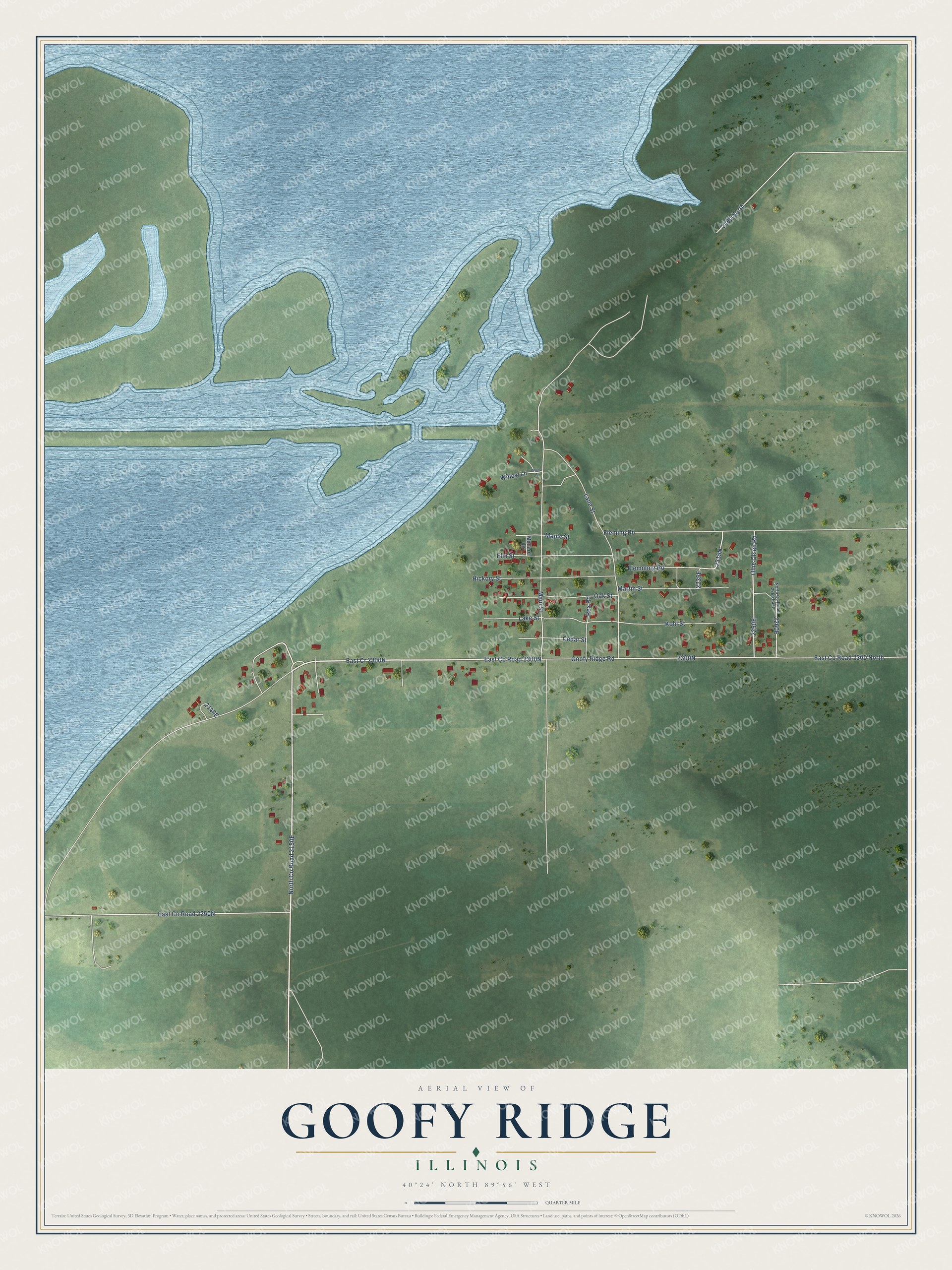 Full map of Goofy Ridge, Illinois, with red buildings, printed street names and the land around them