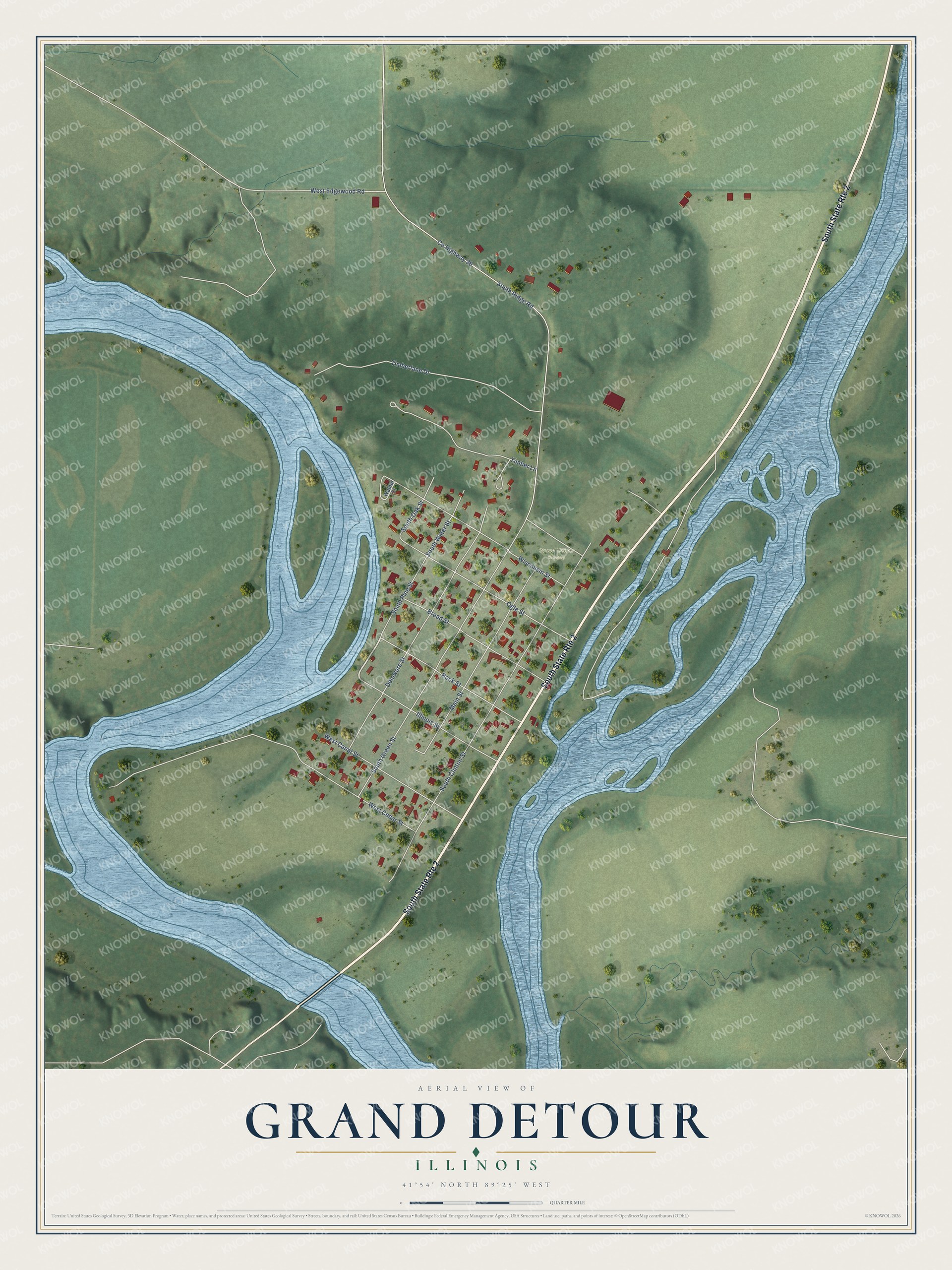 Full map of Grand Detour, Illinois, with red buildings, printed street names and the land around them